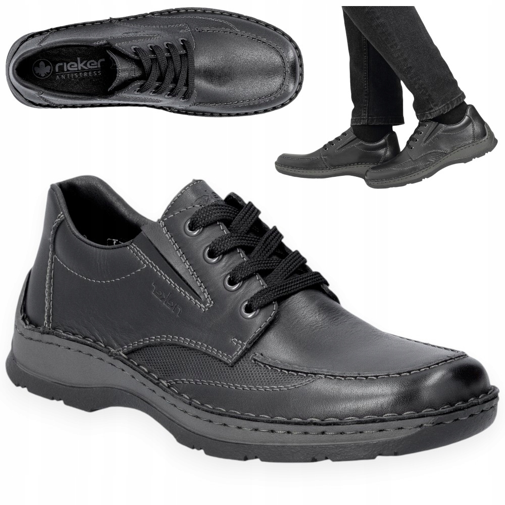 Pánské kožené polobotky Rieker Pohodlné černé šněrovací boty 42
