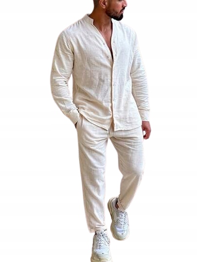 Shein Krémový Komplet Košile Se Stojáčkem A Bavlněnými Kalhotami M 1HD