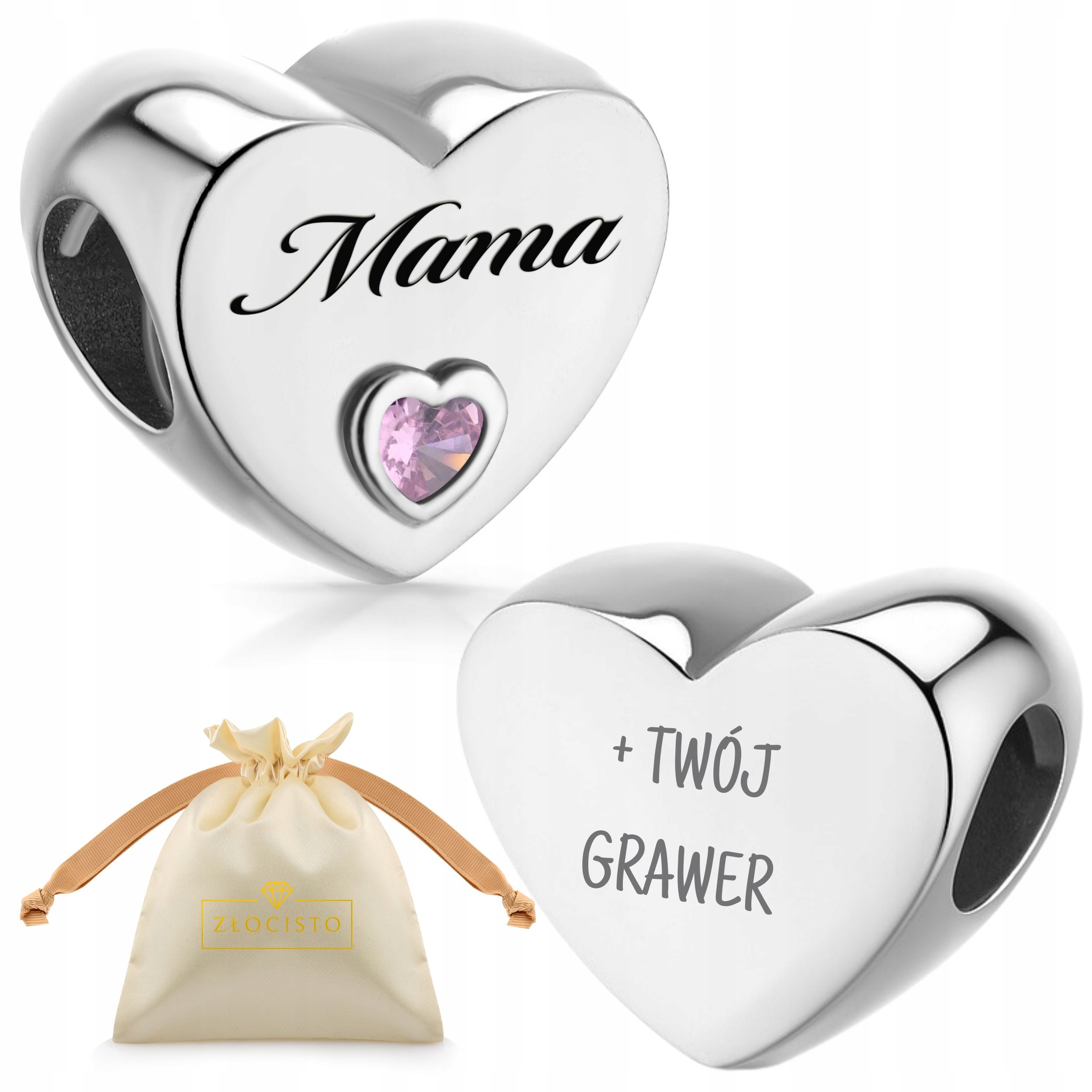 Stříbrný korálek na náramky pro maminku, srdce, Mama s gravírováním
