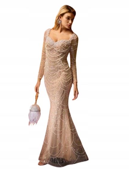 Shein Béžová Večerní Sukně S Perličkami A Dlouhým Rukávem, Velikost 1KH
