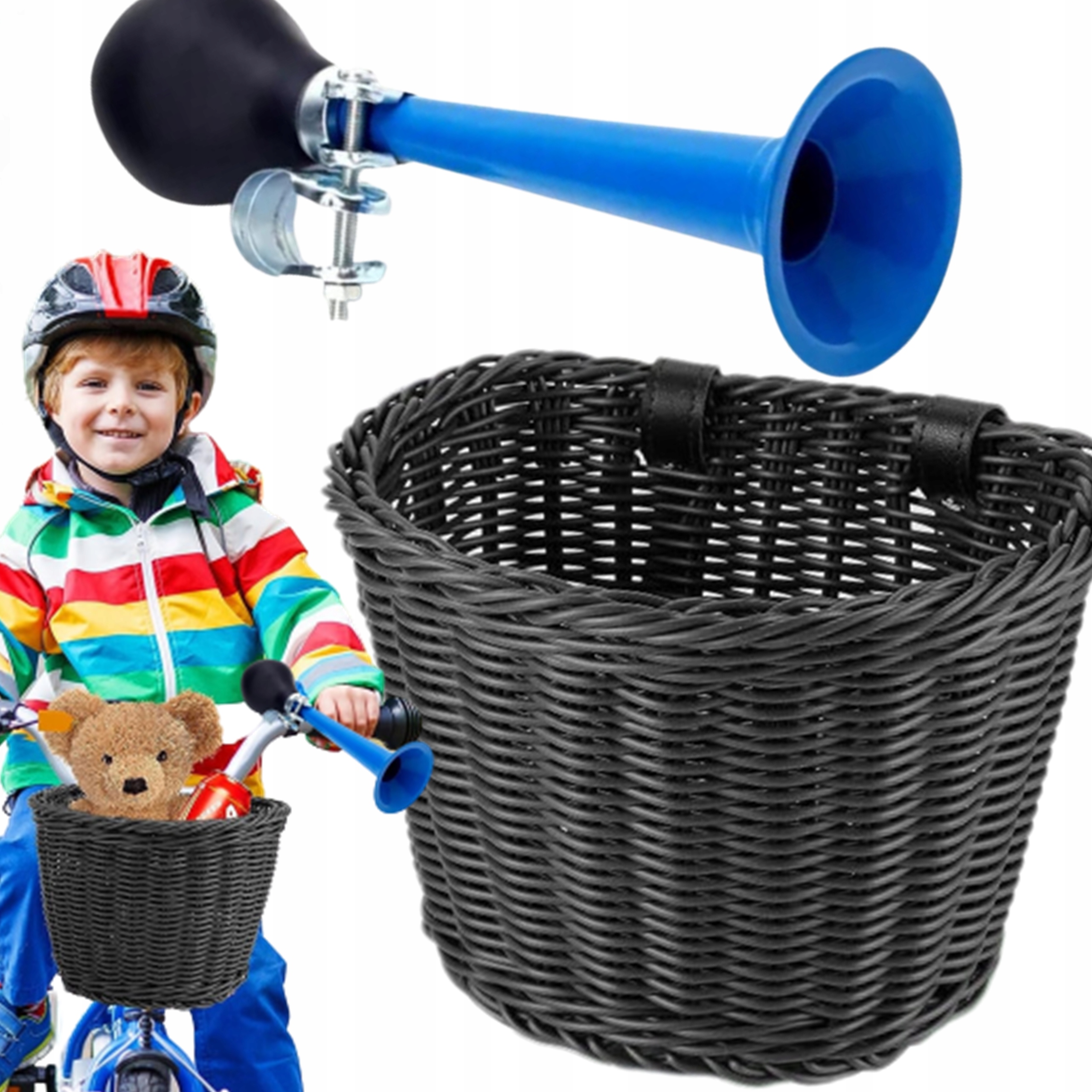 KOSZYK KOSZYCZEK NA ROWER KLAKSON TRĄBKA ZESTAW DLA CHŁOPCA PREZENT CZARNY