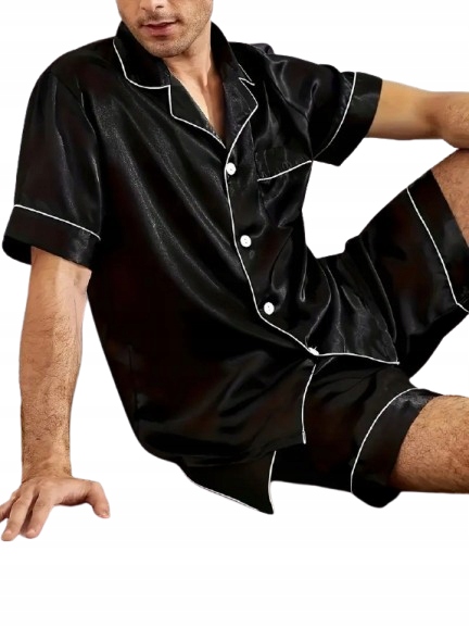 Černé Pyžamo Příjemné Hedvábné Saténové Celorozepínací Pyžamo XL