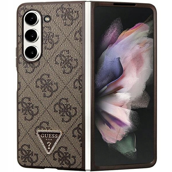 Etui Guess Leather 4G Triangle Strass na Samsung Galaxy Z Fold 5 brązowe