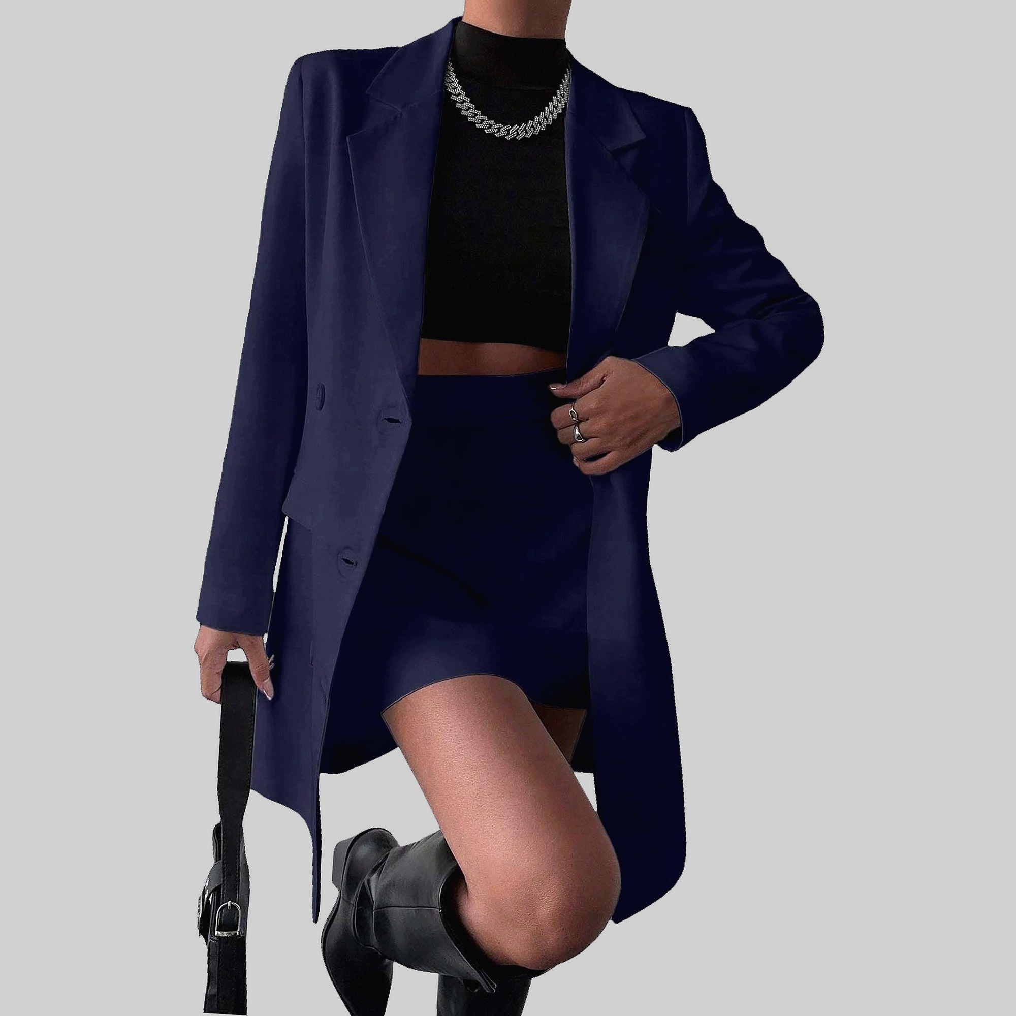Dámský Oblek Elegantní Tmavě modrý Sako Mini Sukně S 36