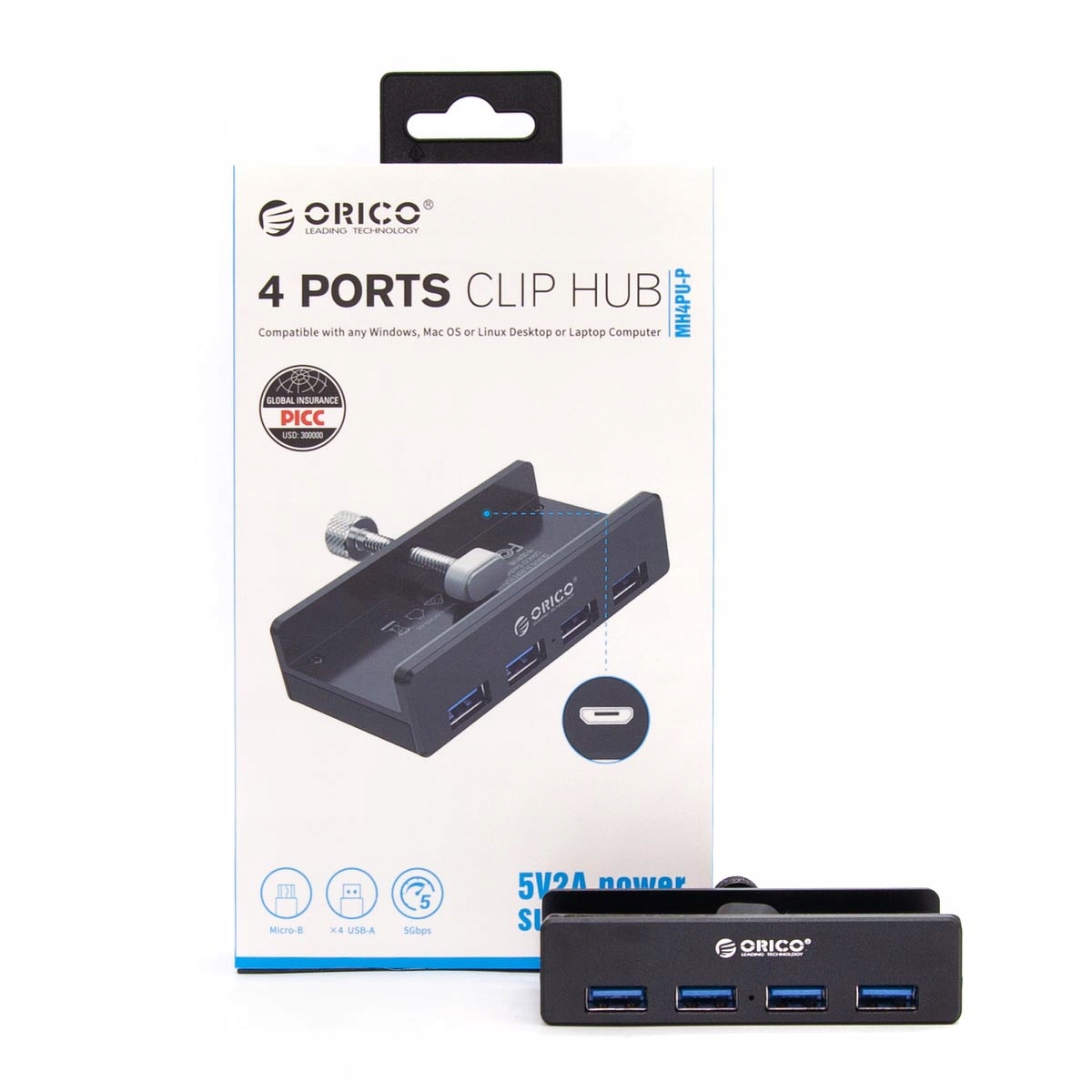 Orico Hub aktywny czarny biurkowy przykręcany 4x Usb-a 5Gbps kabel Usb