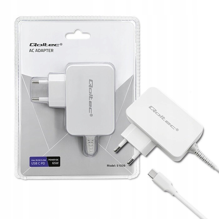 Zasilacz sieciowy 65W 5-20.3V 2-3.25A Usb typ C Pd Biały
