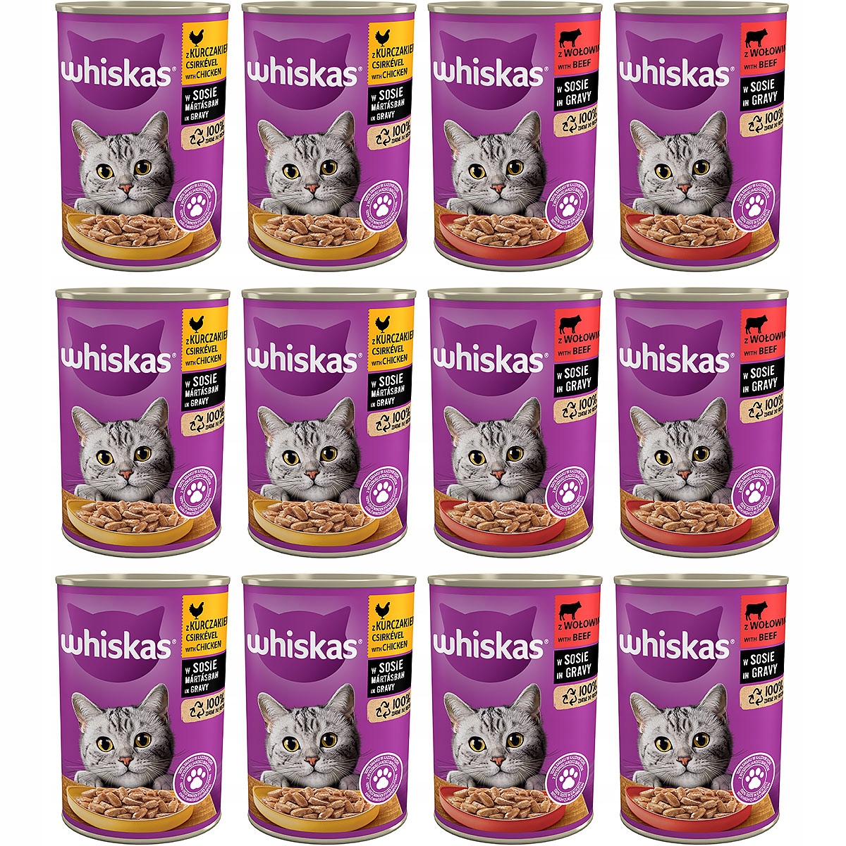 Levně Whiskas Mokré krmivo pro kočky , mix chutí v hovězí a kuřecí omáčce, 12 x 400 g