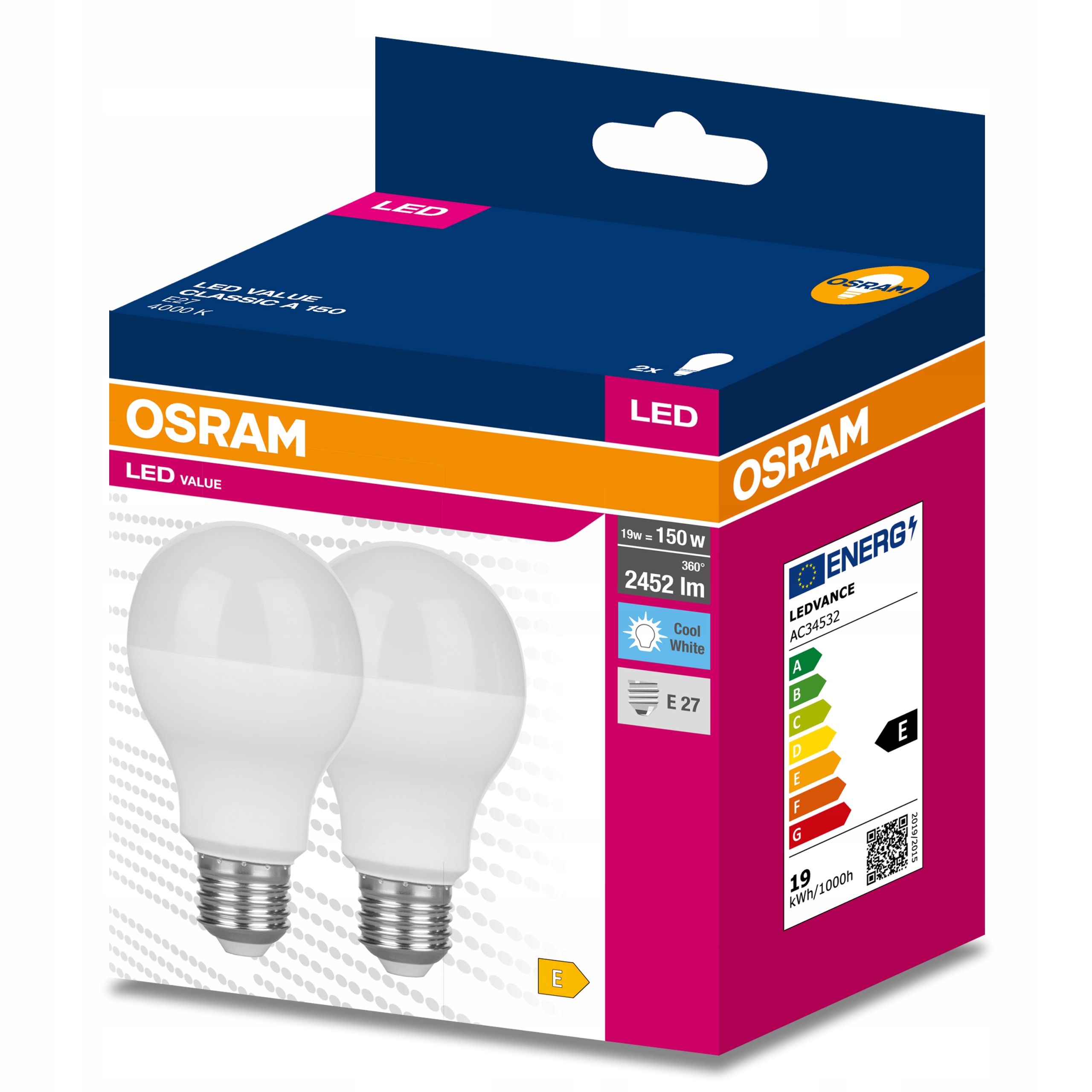 

2x Żarówka Led E27 19W 150W 2452lm 4000K Osram