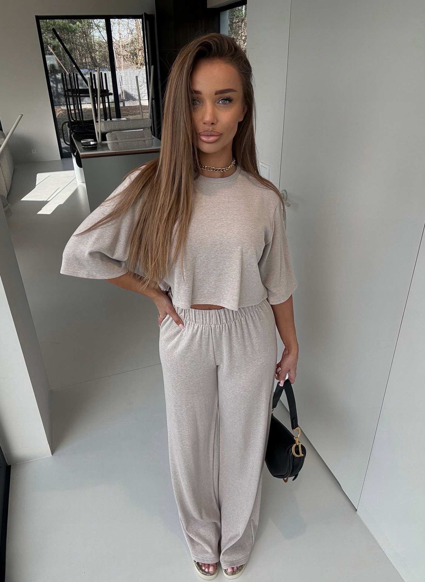 Dámský komplet tričko crop top široké kalhoty Béžová Agatha Studio