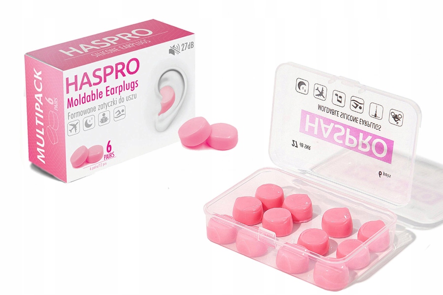 Zatyczki Do Uszu Stopery Formowane Silikonowe w Pudełku Różowe Haspro 6 Par