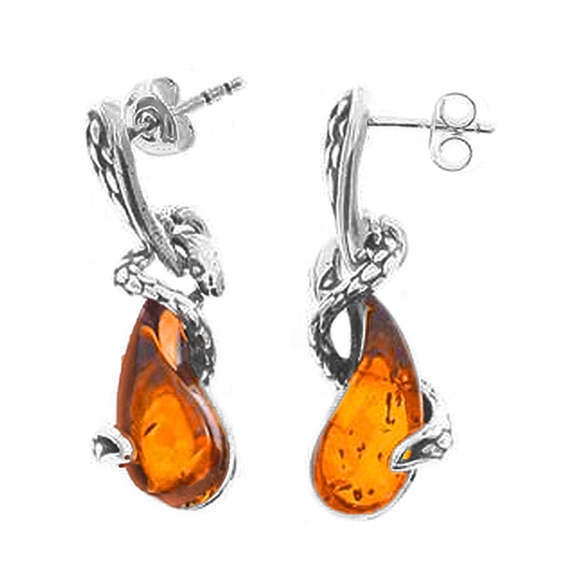 Stříbrné Náušnice Hadí Zmije s přírodním Jantarem na tyčinku Stříbro 925