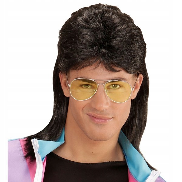 PERUKA CZARNA LATA 80 90 DISCO + OKULARY KAZIK DŁUGIE CZARNE WŁOSY PARTY Kolor włosów czarny