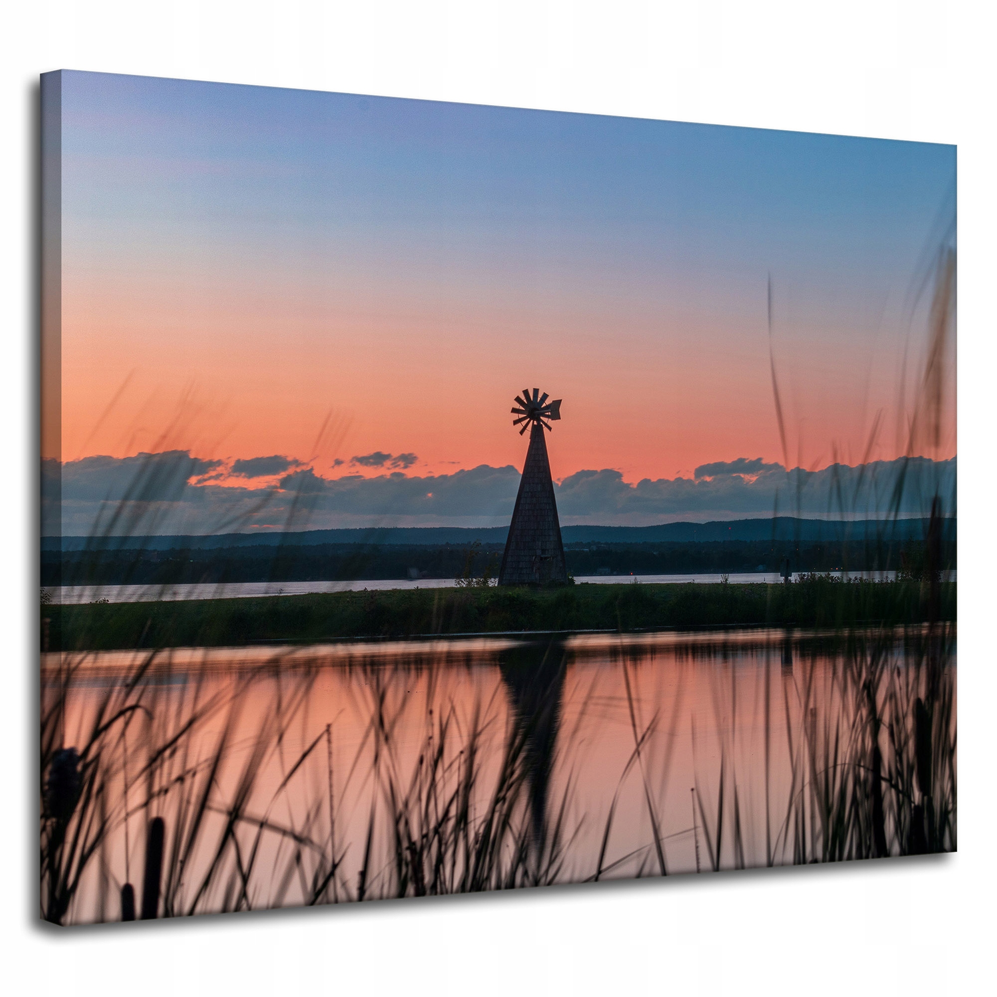 Obraz na plátně Větrný mlýn Nebe Příroda Západ Slunce Jezero Tráva 100x80