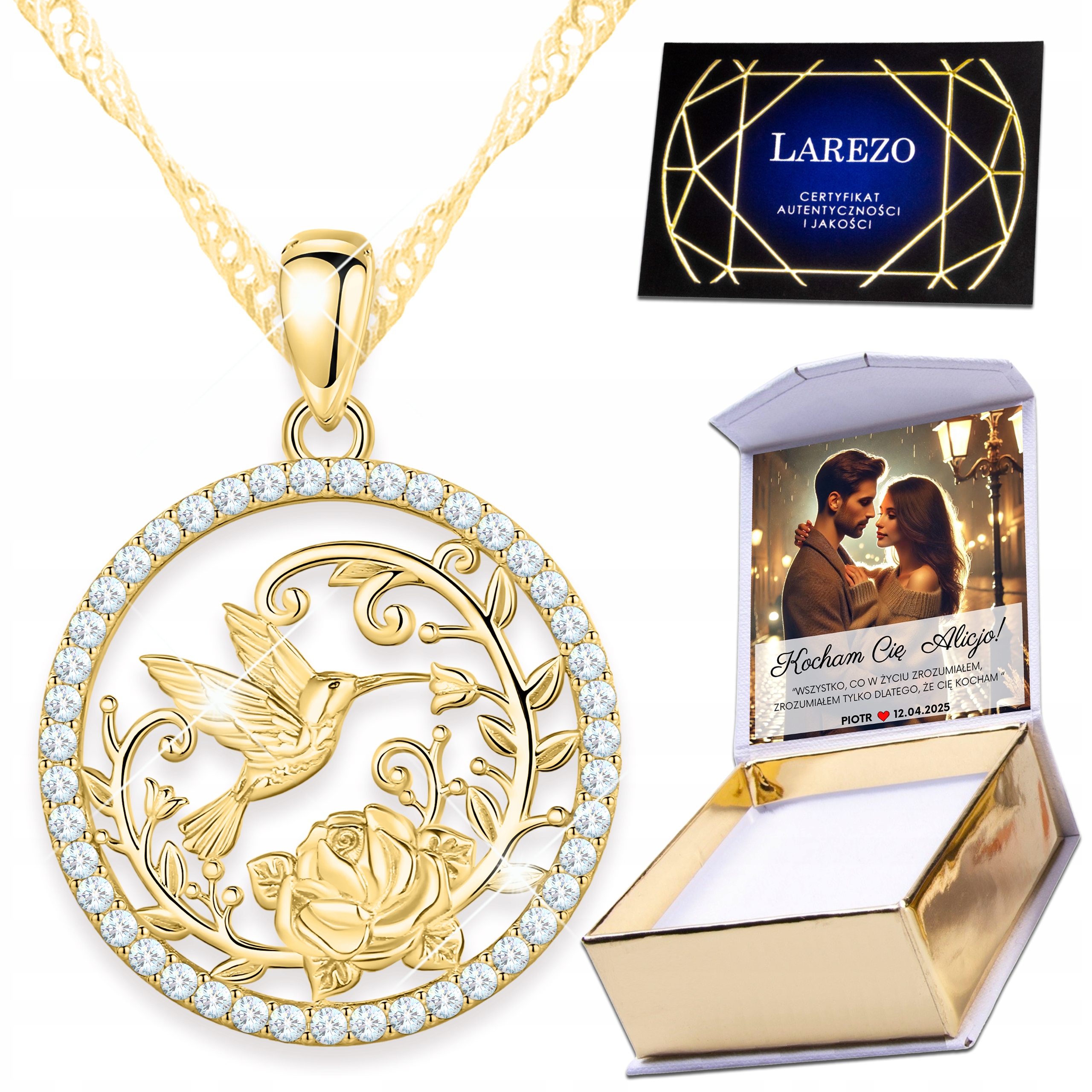 Zlatý náhrdelník 925 Křišťálové kolečko s ptákem Růže Pták Kolibřík Potisk