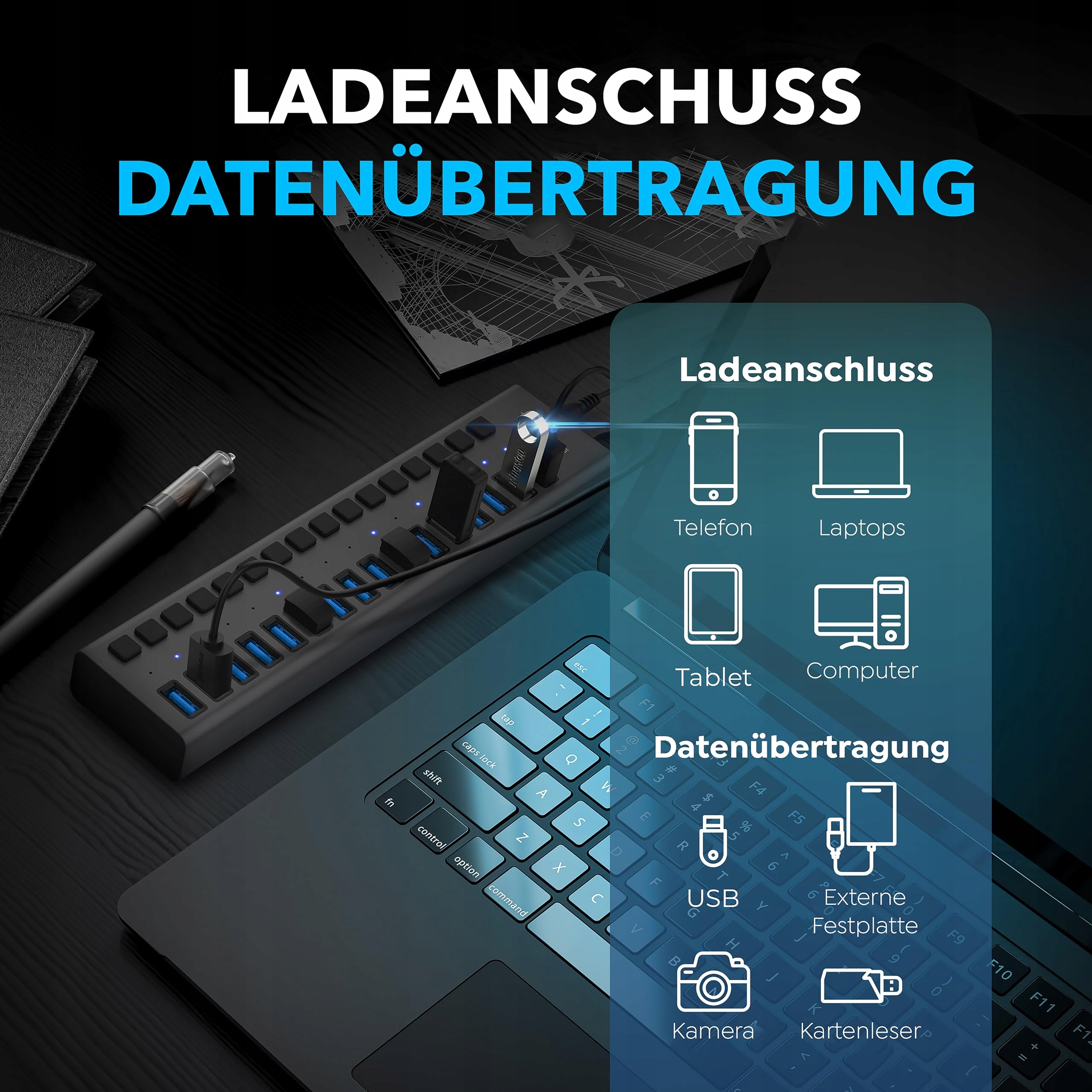 SABRENT 2w1 Ładowarka USB i Hub 90W Stacja Ładowania USB Hub z Włącznikiem — miniatura 6