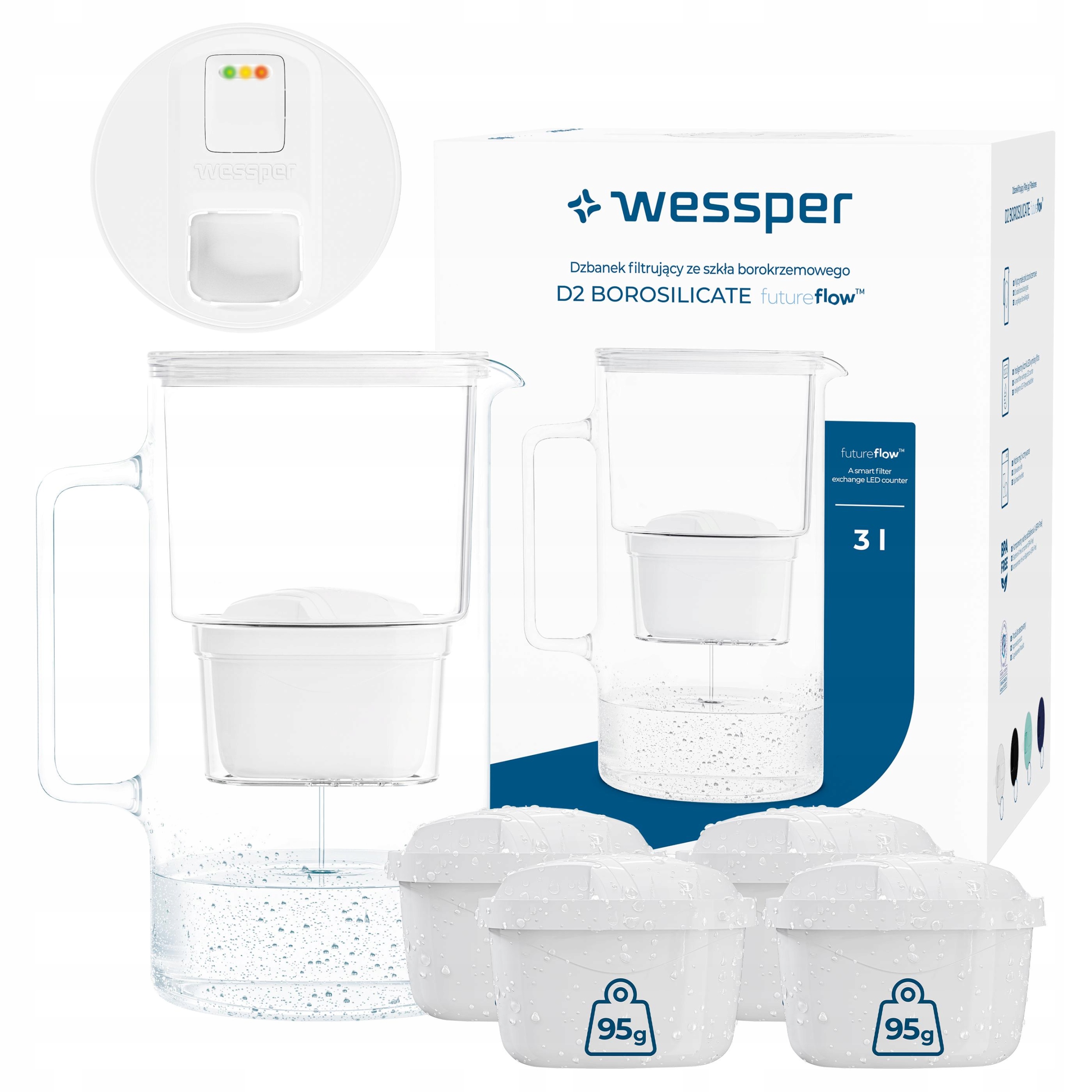 Szklany dzbanek filtrujący licznik Led Wessper D2 Borosilicate 5x filtr