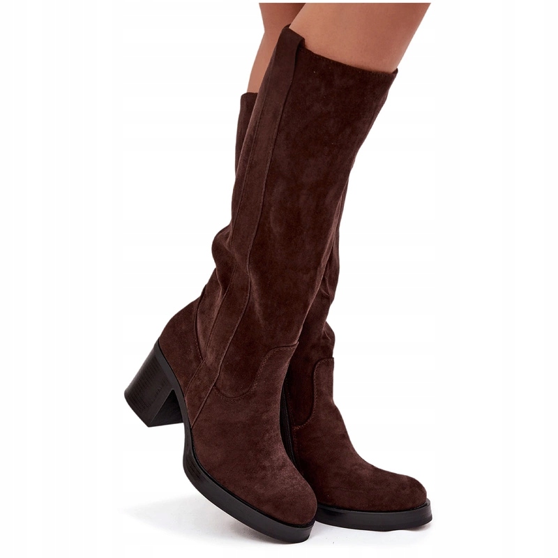 Eko Semišové Kozačky Na Masivním Podpatku, Zateplené, Čokoládový Zip, Velikost 39