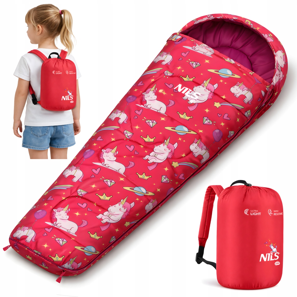 Śpiwór Dziecięcy Turystyczny Kempingowy Mumia Z Plecakiem 170x60cm Unicorns