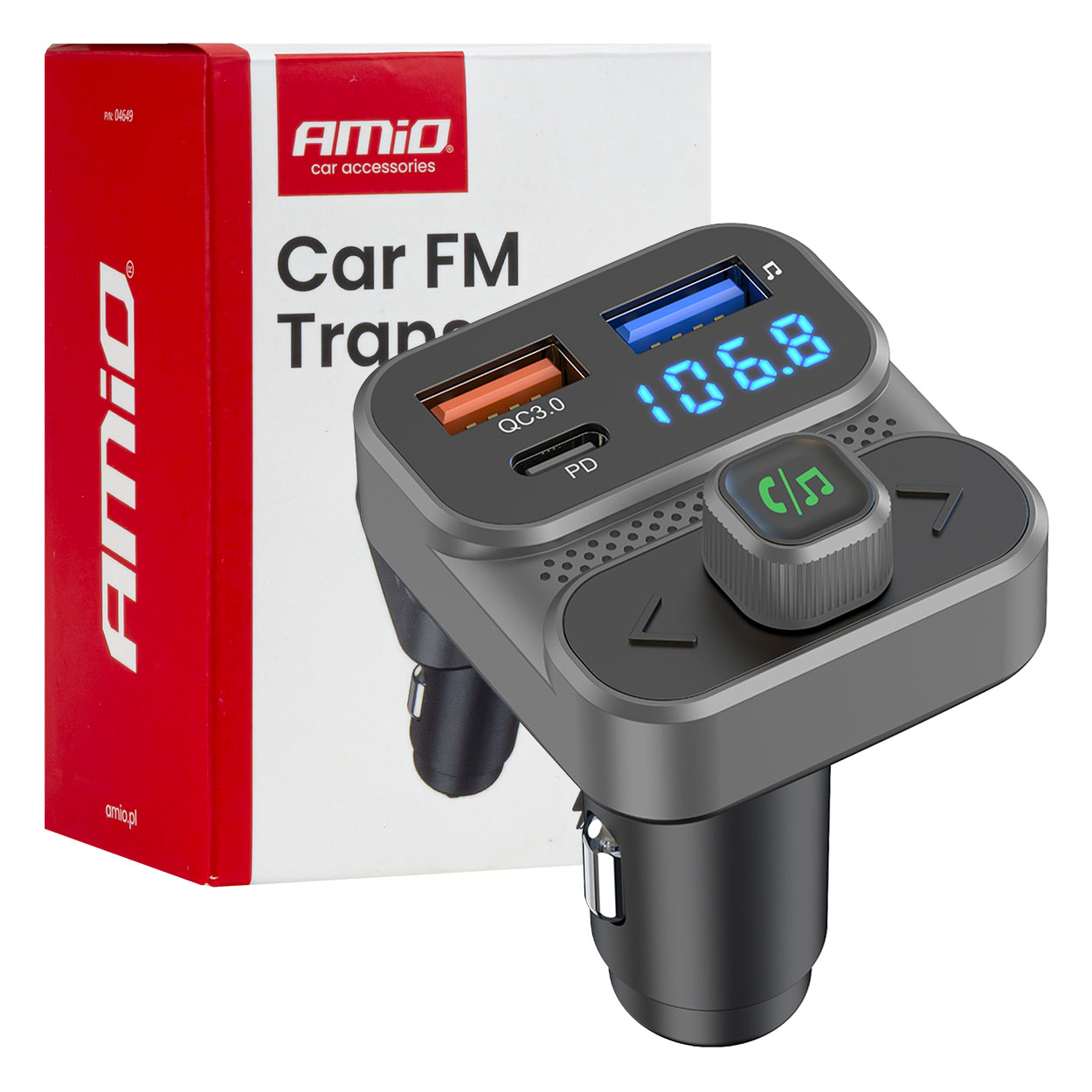 Transmiter samochodowy Fm 2×USB-A 1×USB 12V 24V AMIO-04649