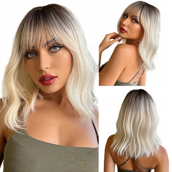 Dámská blond ombre paruka na ramena s ofinou bob přírodní vlny