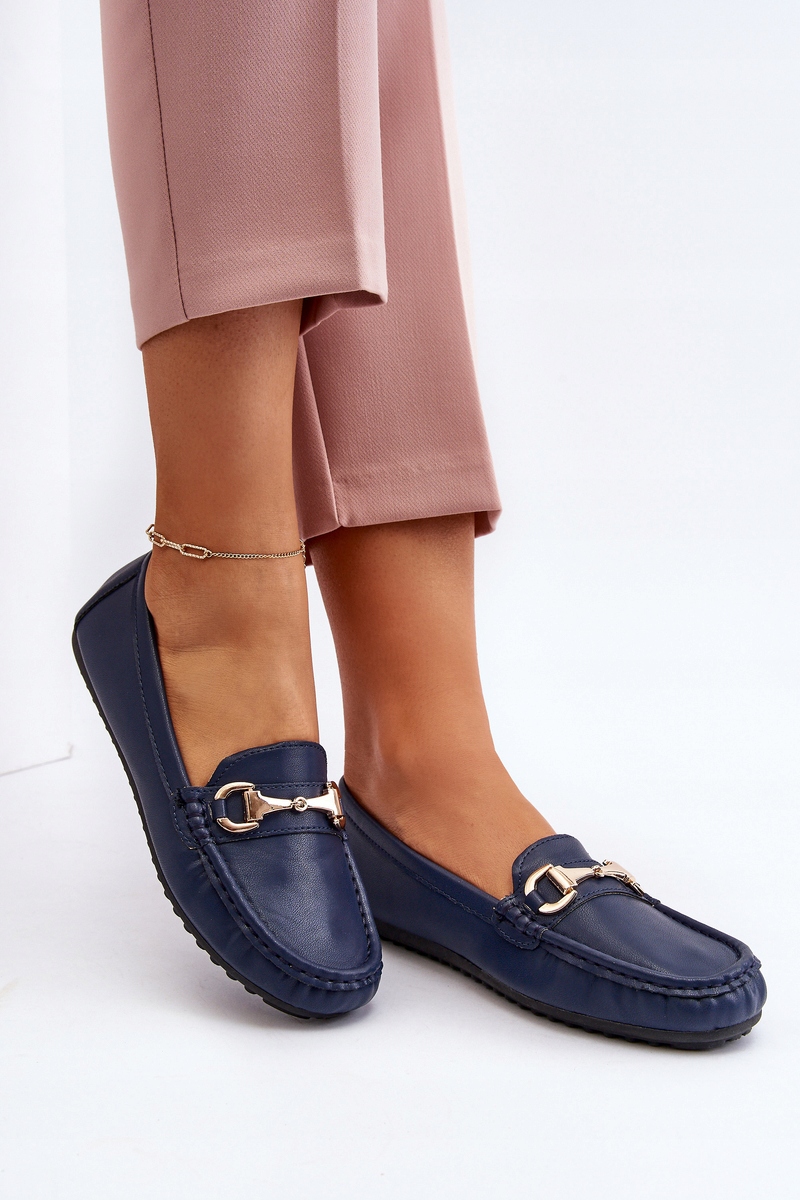 MOKASYNY DAMSKIE Z EKO SKÓRY KLASYCZNE Z OZDOBĄ GRANATOWE 40 Wzór dominujący bez wzoru