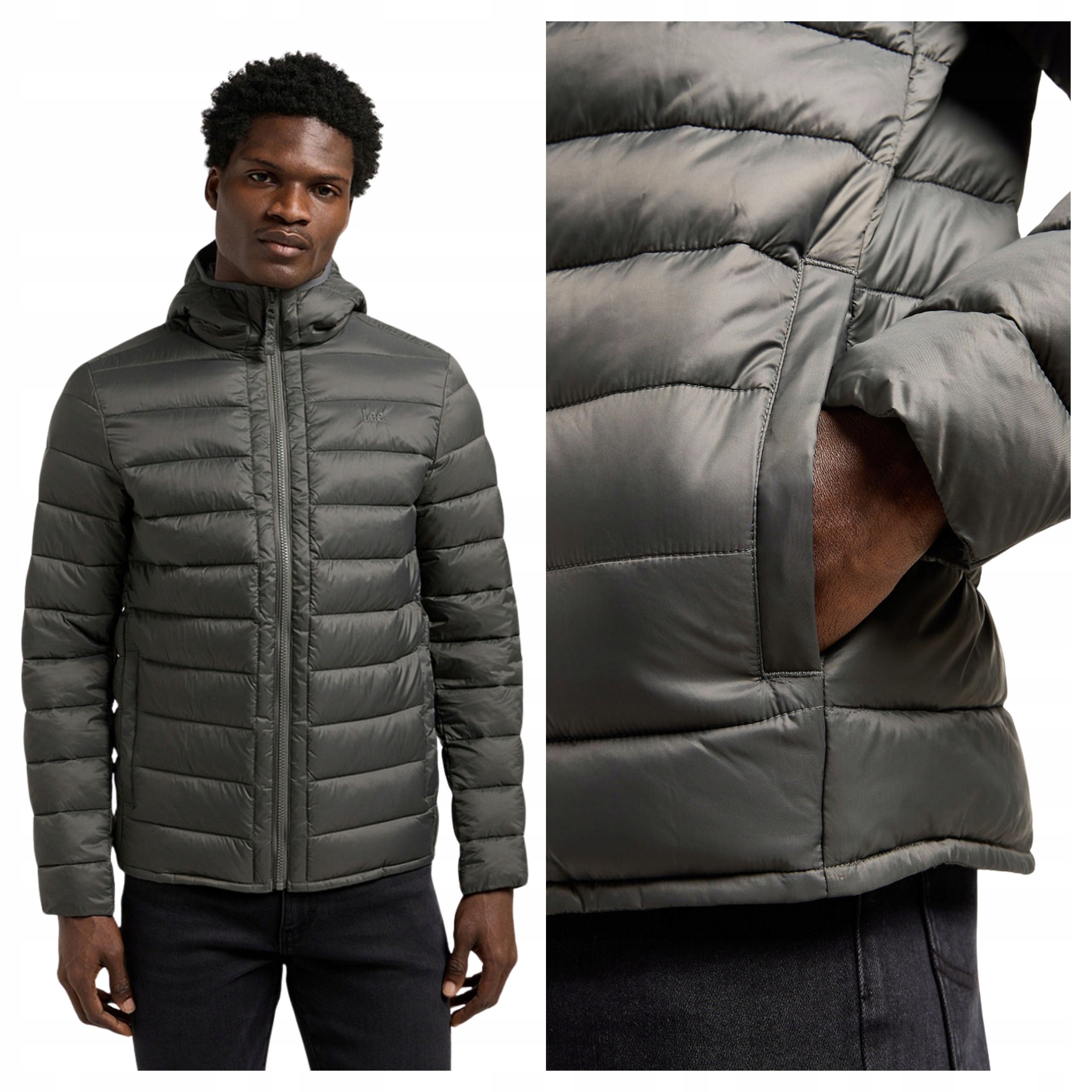 Pánská bunda Lee Puffer Jacket Péřová S Kapucí Šedá XL