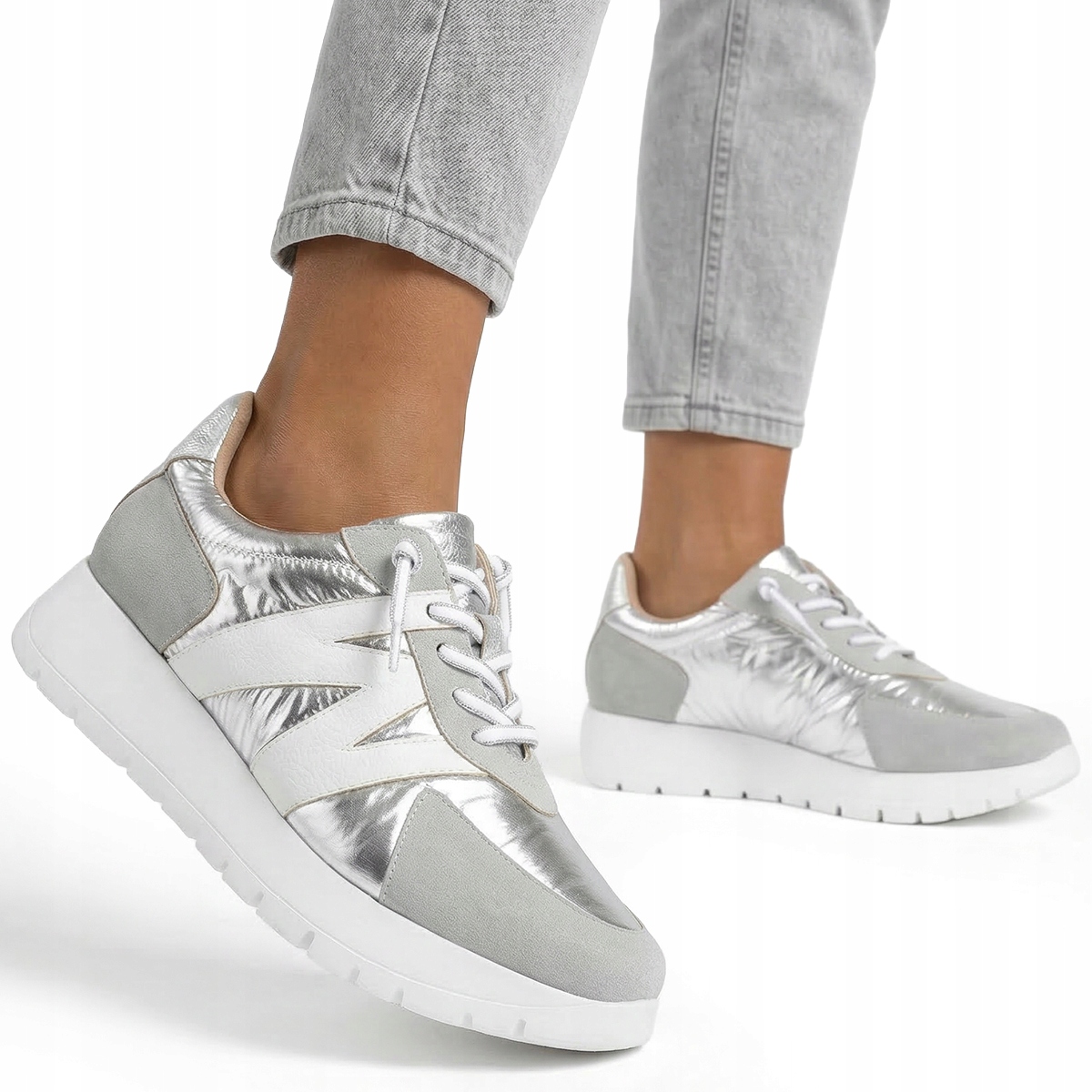 Sneakersy damskie buty sportowe w.SKÓRA srebrne na platformie Wojtyłko 39