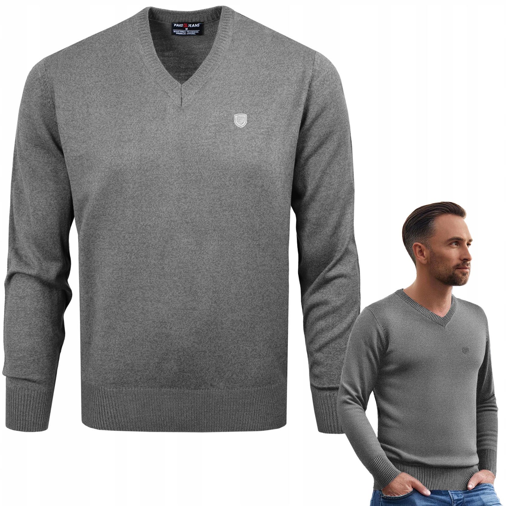 Pánský svetr se sýrem Elegantní Hladký Tmavě Šedý melír M Pako Jeans