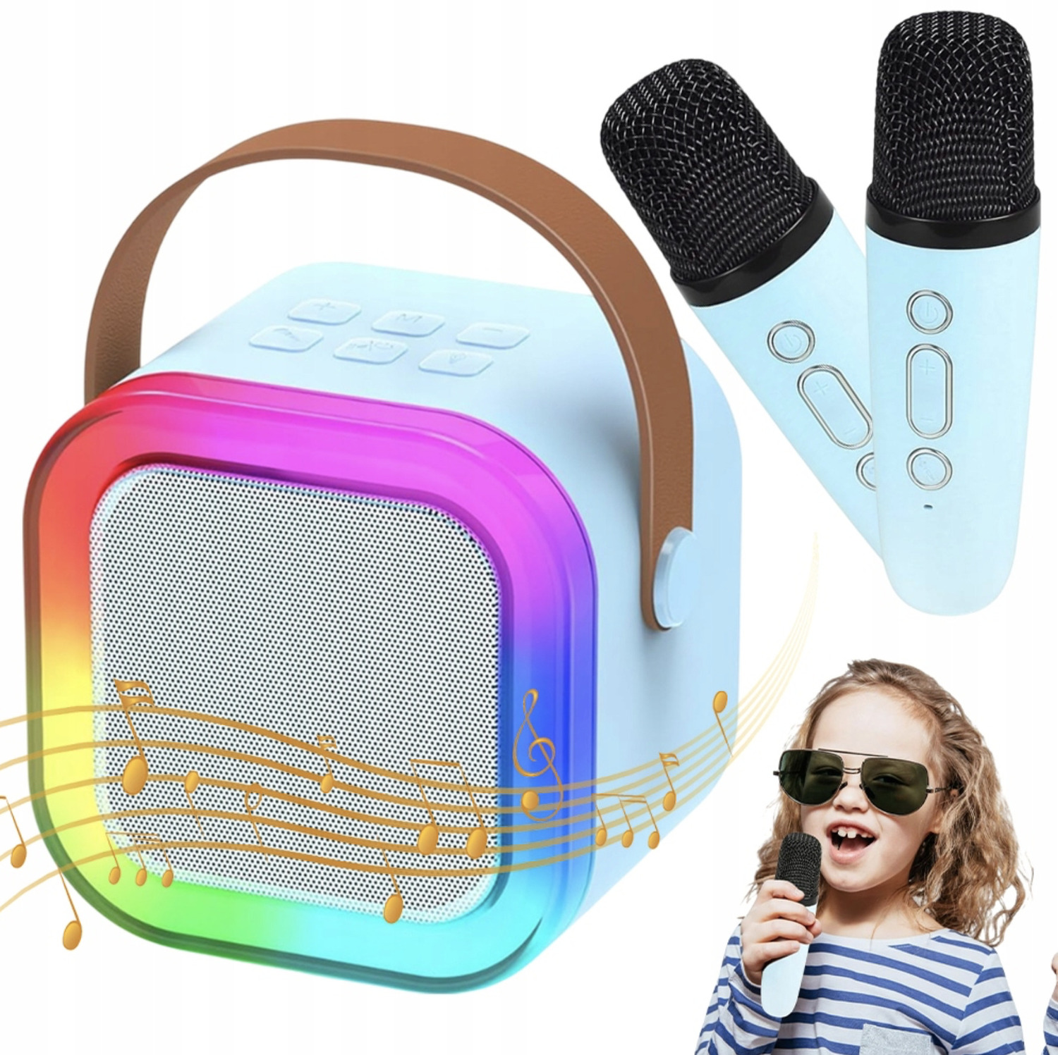 GŁOŚNIK BLUETOOTH PRZENOŚNY KARAOKE RGB 2 MIKROFONY MINI JACK USB SD
