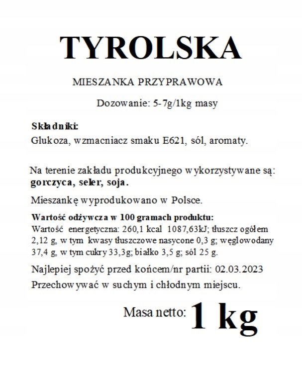 TYROLSKA, PRZYPRAWA DO TYROLSKIEJ, SŁOIKOWEJ. Marka inny