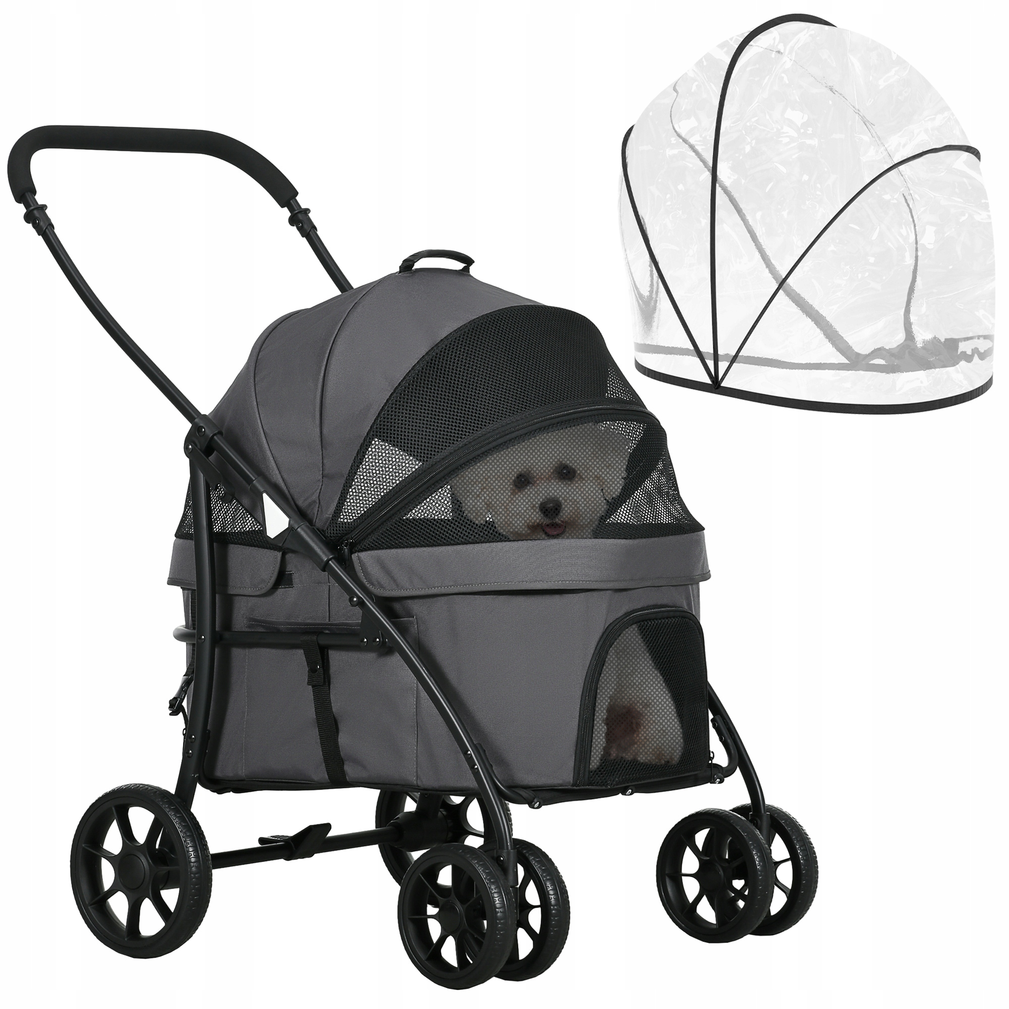 Psí Kočárek 2 V 1 S Plachtou Proti Dešti, 2 Bezpečnostními Vodítky, Skládací