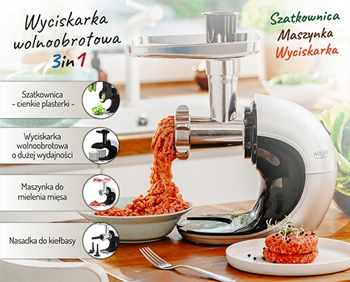 Wyciskarka Wolnoobrotowa 3w1 AD 4131 – Maszynka do Mięsa, Wyciskarka, Tarka