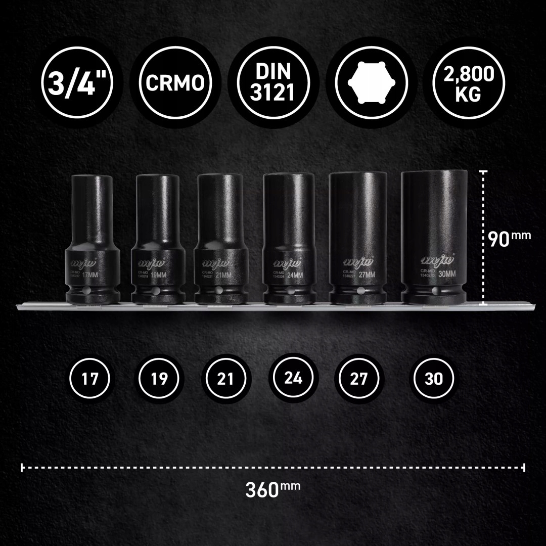 ZESTAW NASADEK UDAROWYCH DŁUGICH 3/4" NA SZYNIE Marka MJW