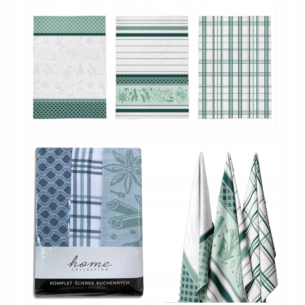ŚCIERKI KUCHENNE KOMPLET 3 SZTUK BAWEŁNIANE ZIELONY 50X70CM