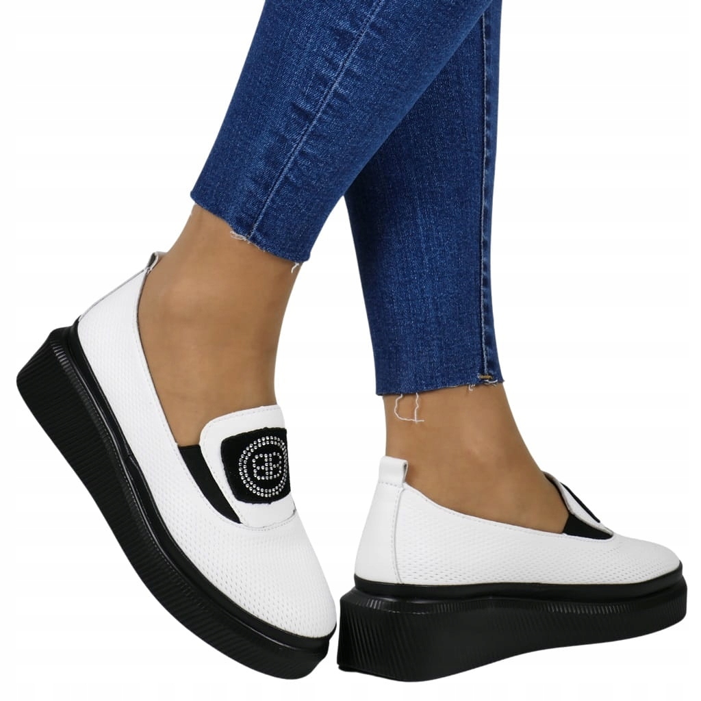 DAMSKIE SKÓRZANE PÓŁBUTY NA KOTURNIE PLATFORMIE BIAŁE Rozmiar 40