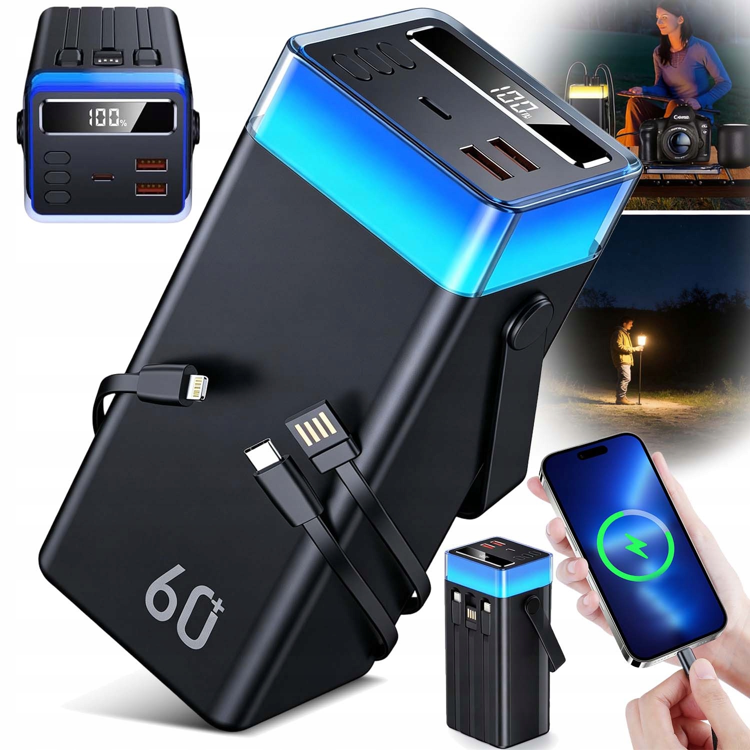 Powerbank 60000MAH Z 22.5W Portami Usb Portem Typu C I Inteligentną Latarką
