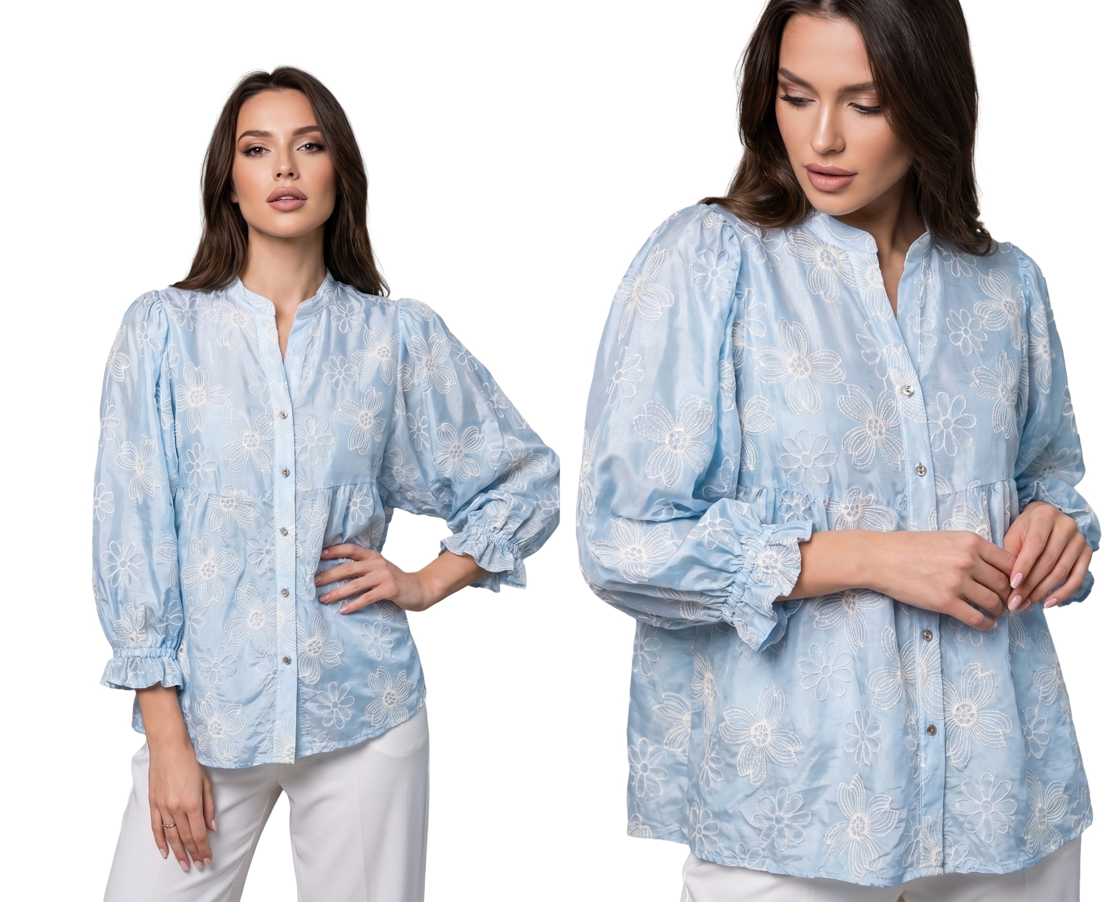 Elegantní Dámská Halenka Květiny Vyšívaná Stylová Lehká Premium Minth Blue
