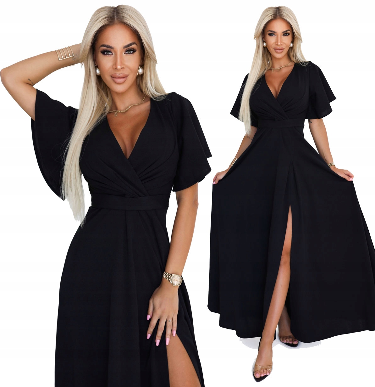 Elegantní Večerní Šaty S Výstřihem Na Noze A Rukávem, Černá S