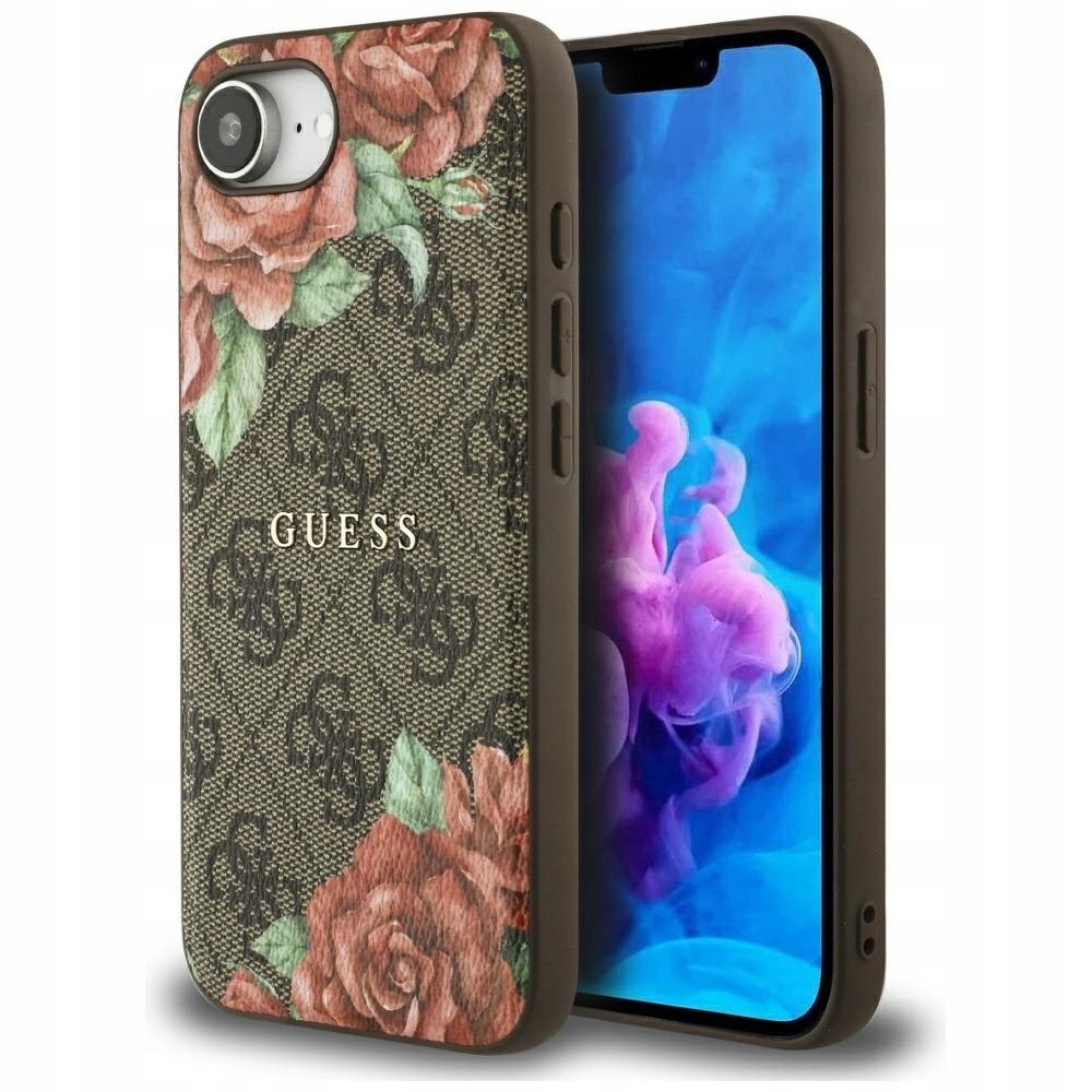 Etui Guess 4G Flowers Print MagSafe do iPhone 16e 17e brązowy