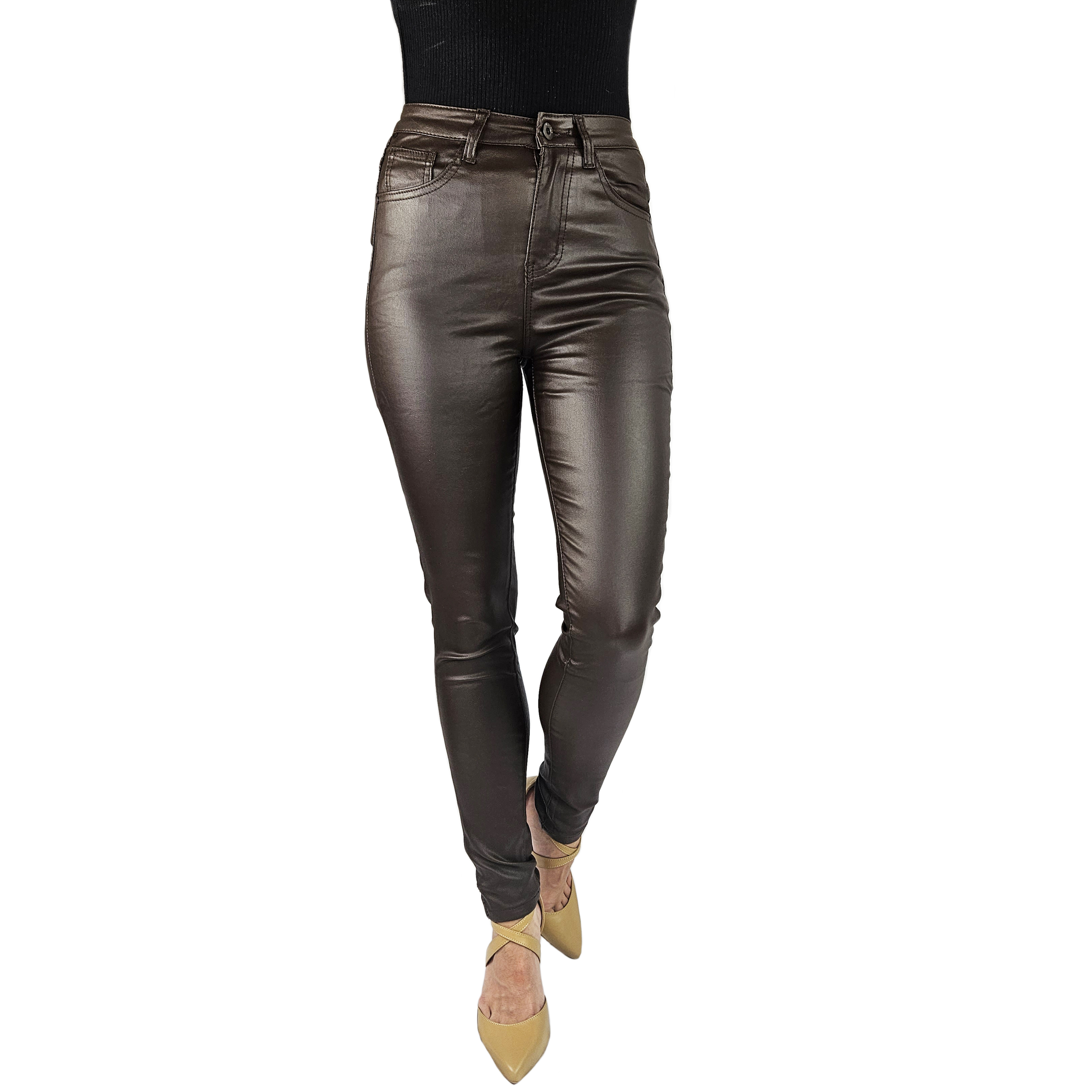 DAMSKIE SPODNIE OCIEPLANE MODELUJĄCE WOSKOWANE SKÓRA Kolor brązowy