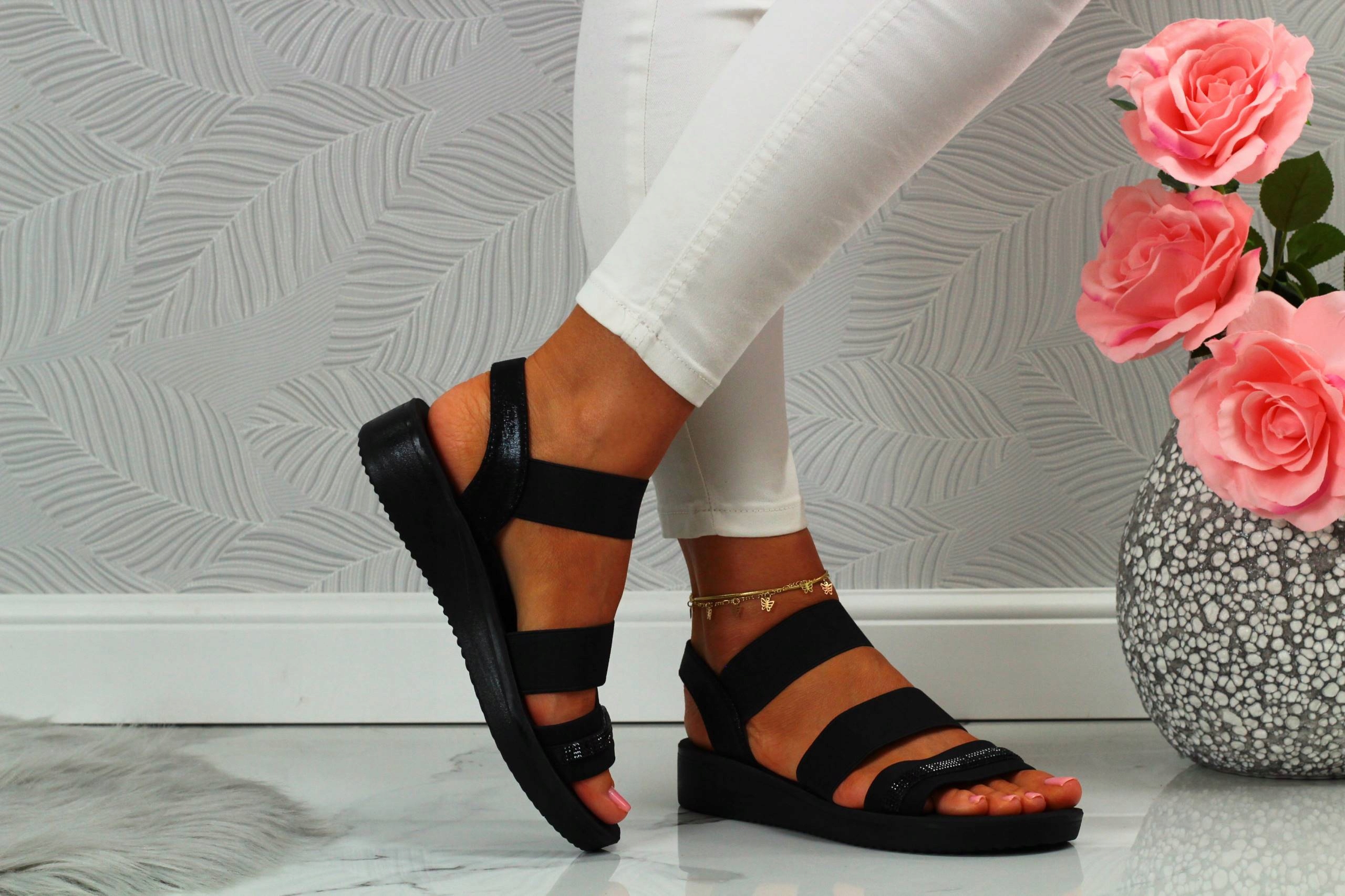 SANDAŁY DAMSKIE SPORTOWE CZARNE PASKI Materiał zewnętrzny inny