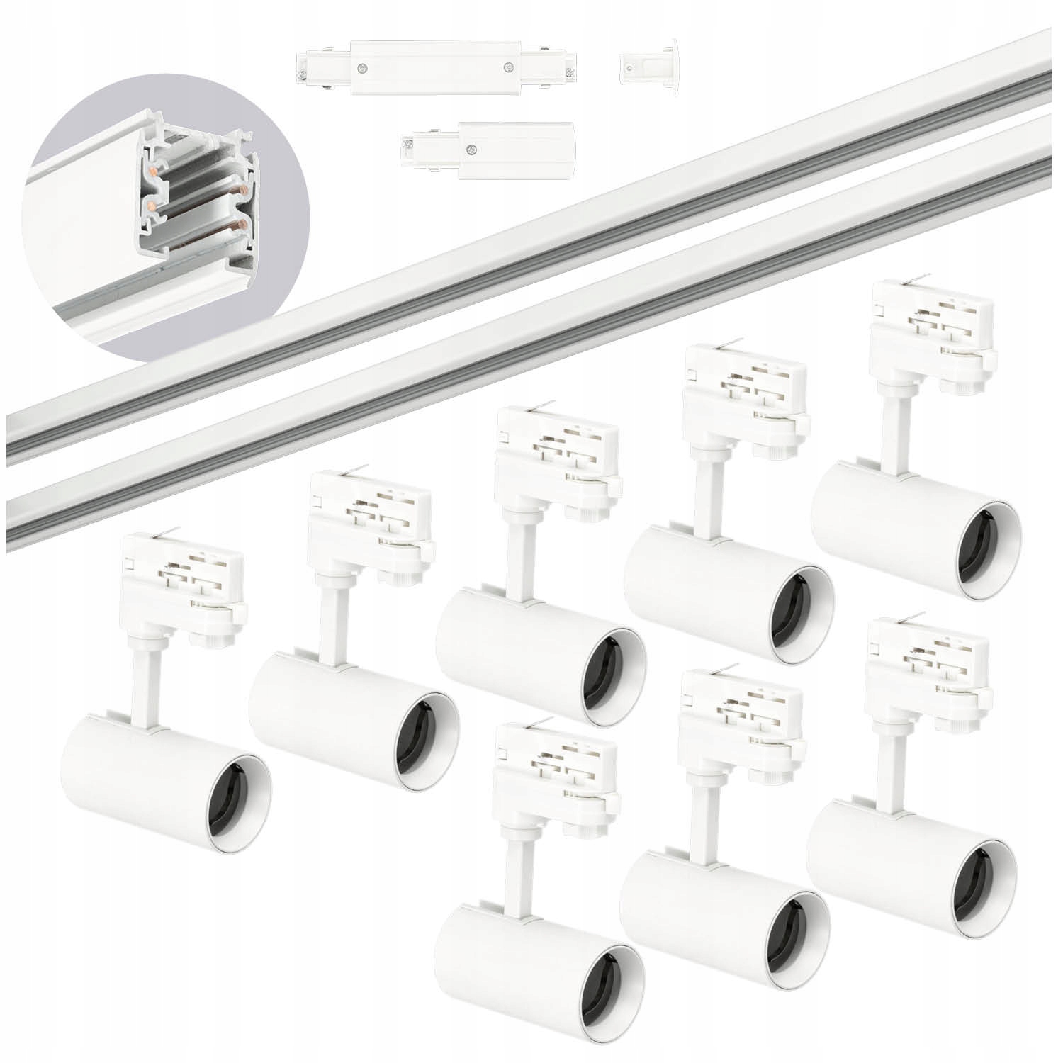 Sada kolejnicová 3-fázová kolejnice 2m+2m, 8x reflektor GU10, jednoduchý spínač Bílá