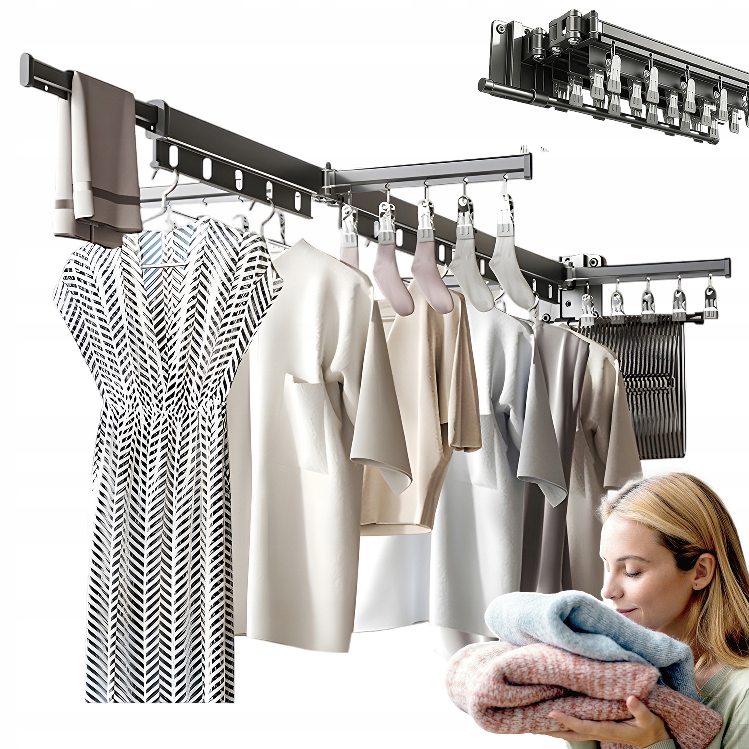 Levně Sušák Na Prádlo Na Zeď S 20 Sponami Z Leteckého Hliníku Pro Balkon