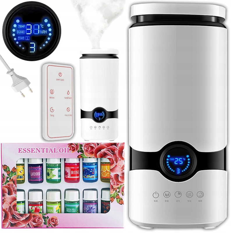 Nawilżacz Powietrza Jonizator Aromaterapia Dyfuzor Timer Pilot I 12x Olejki