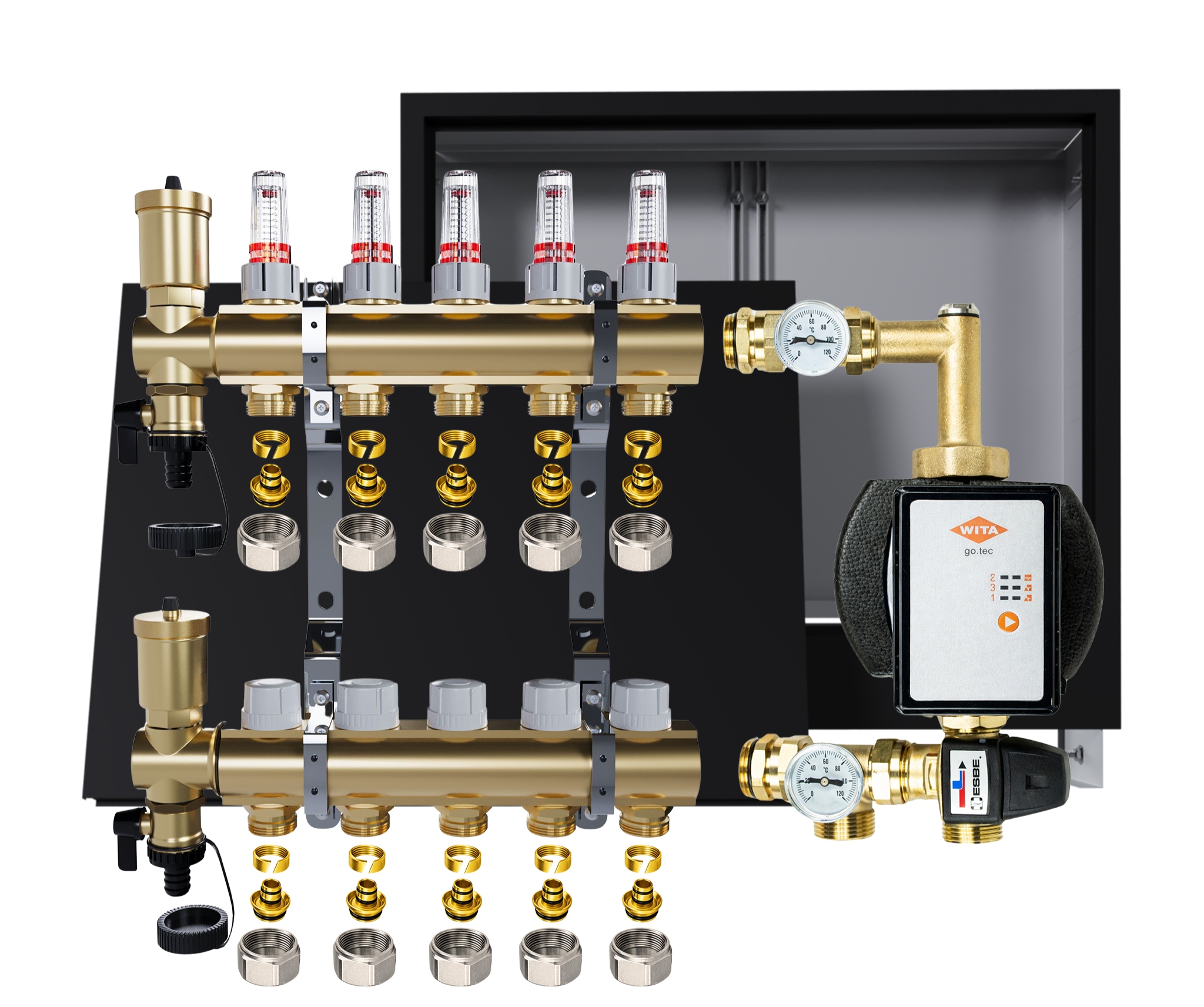 Rozdělovač pro podlahu 5 okruhů s čerpadlem Wita podomítková skříňka Pex