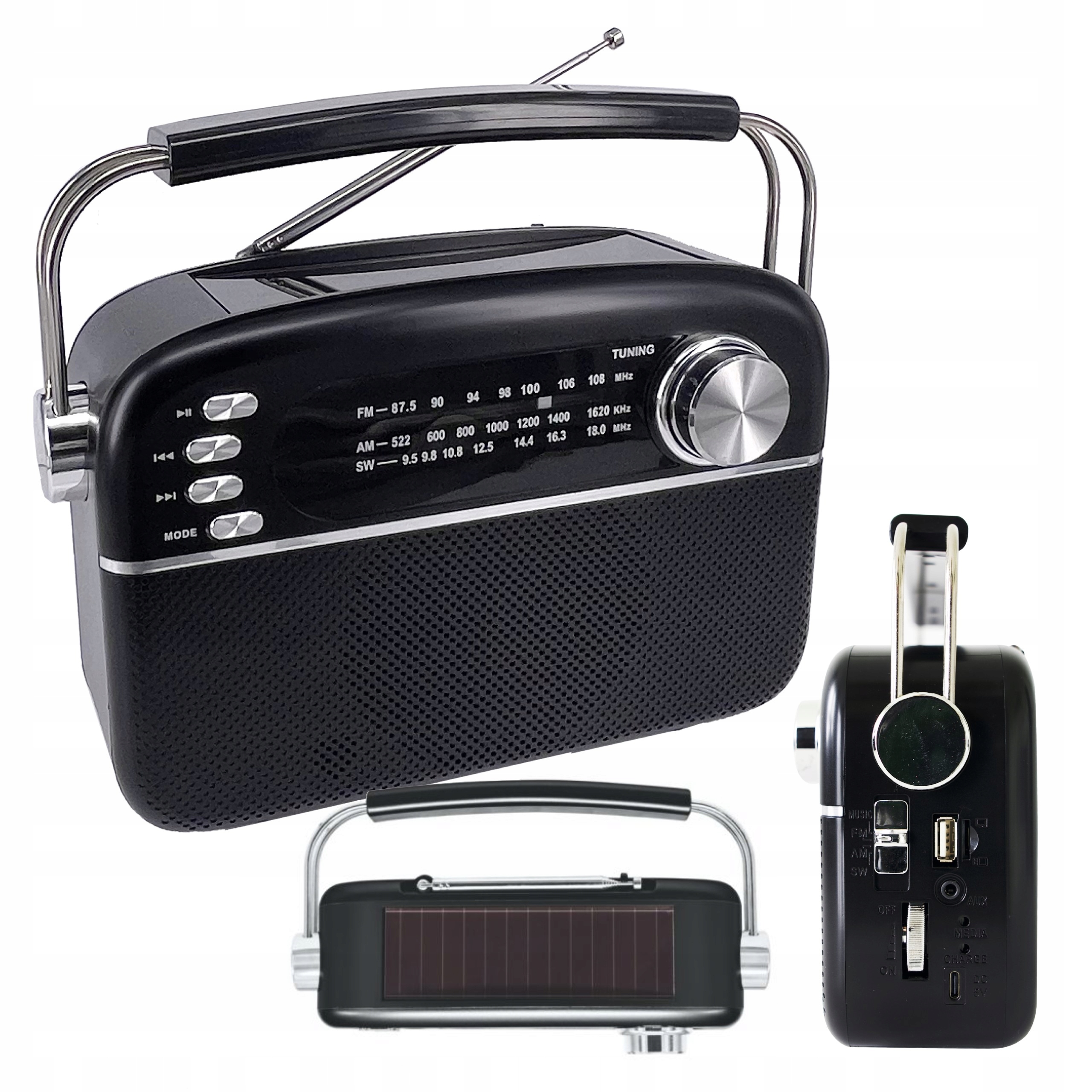 Radio Solarne Przenośne Kuchenne Akumulator Retro FM AM SW Bluetooth ...