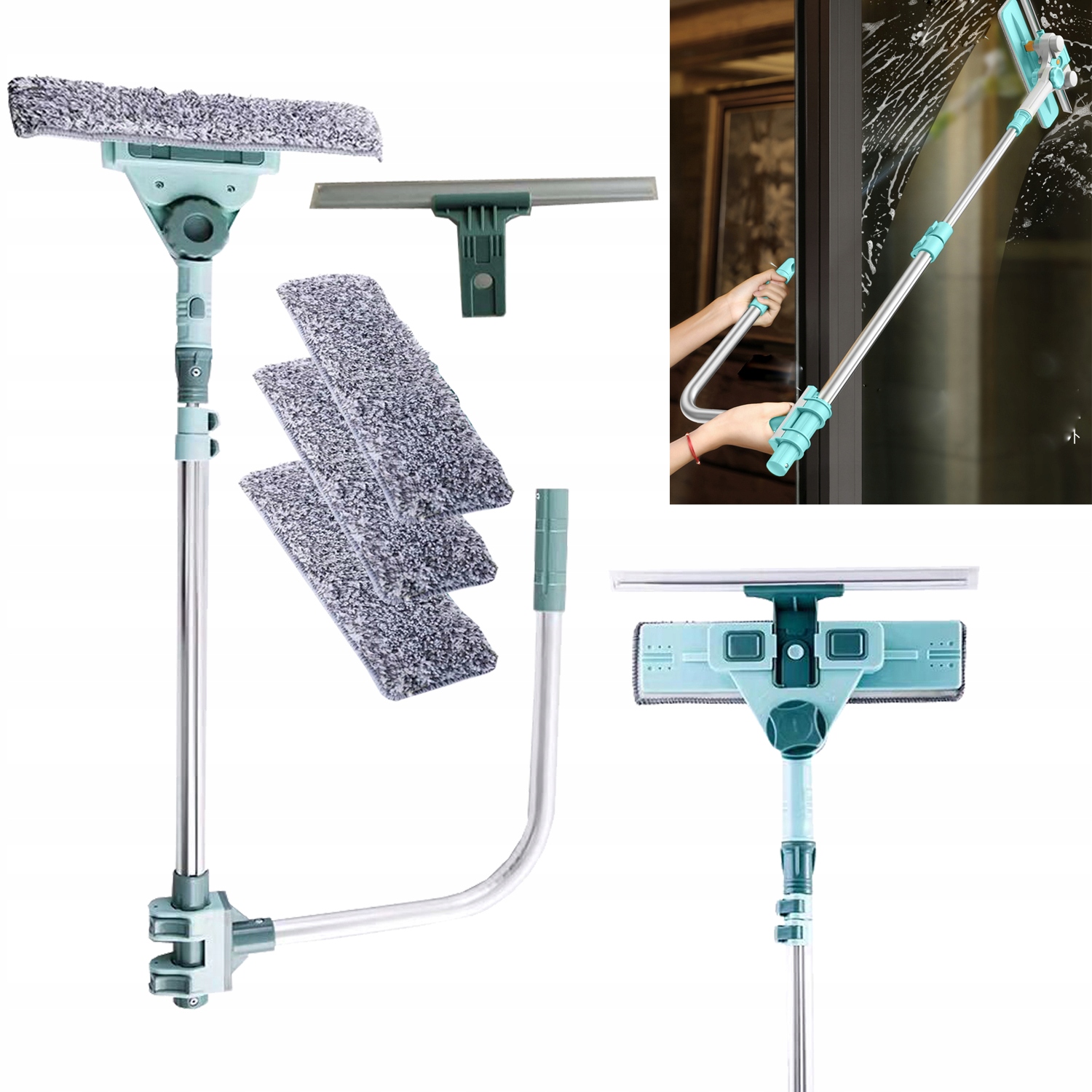 Levně Čistič Oken Teleskopický Skel Stěrkou Vody Set Velká výška 3V1