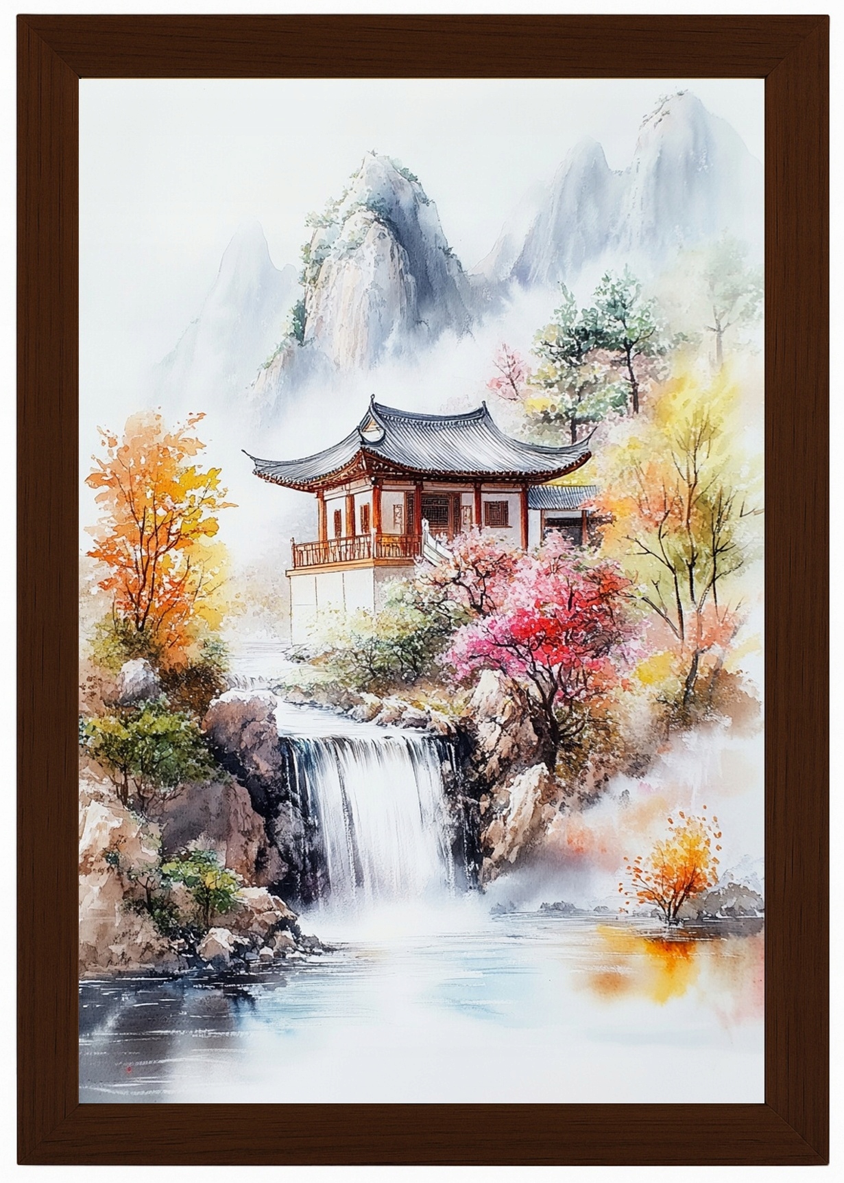 Plakát Rámeček Dřevo Japonsko Asie Hory Vodopád Barevné Stromy 40x60