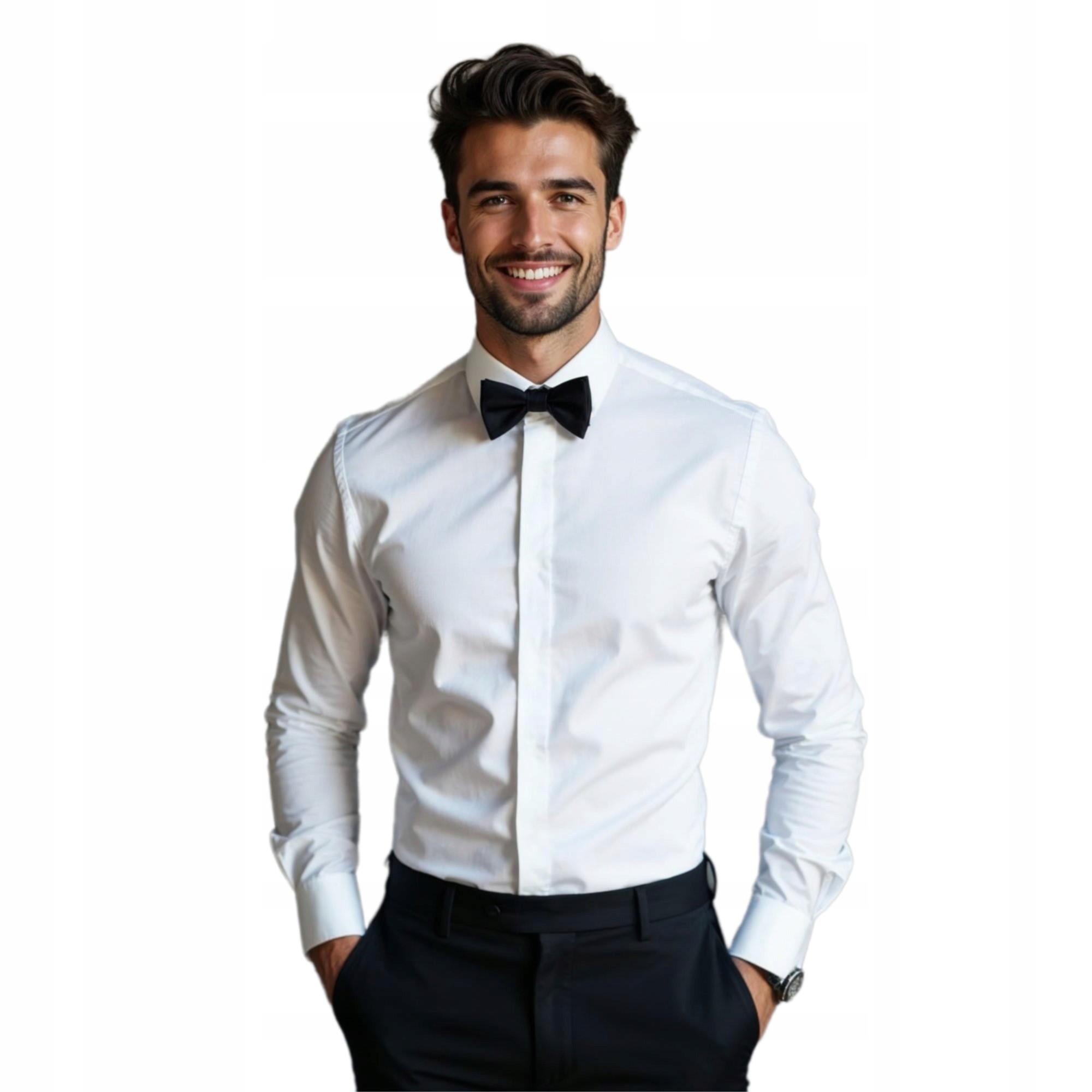 Biała elastyczna koszula na spinki z plisą Modini DD50 176-182 43-Regular