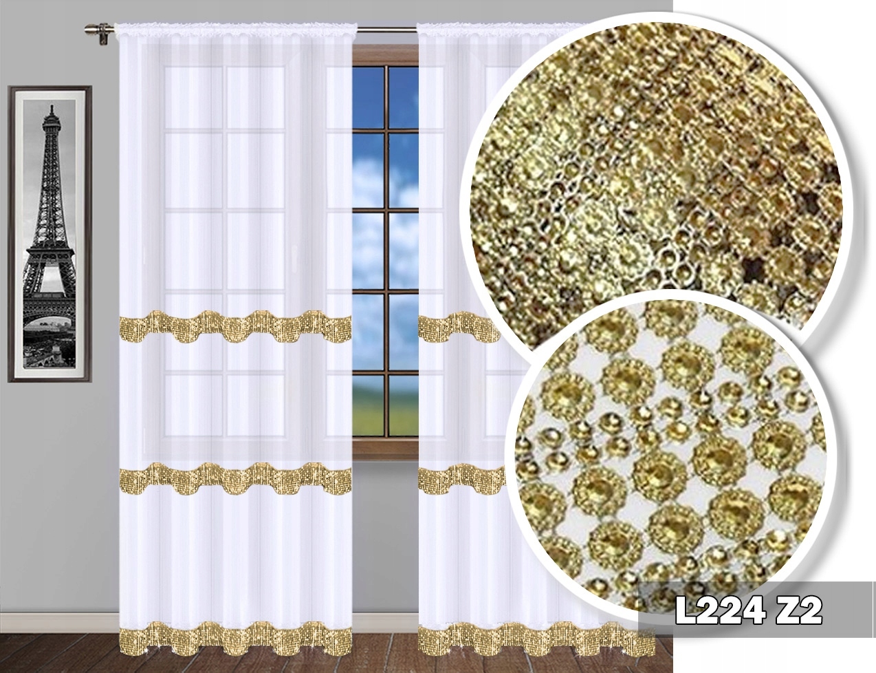 

Firana Gotowa Cyrkonie Woal Biała 250X140 Złota 2